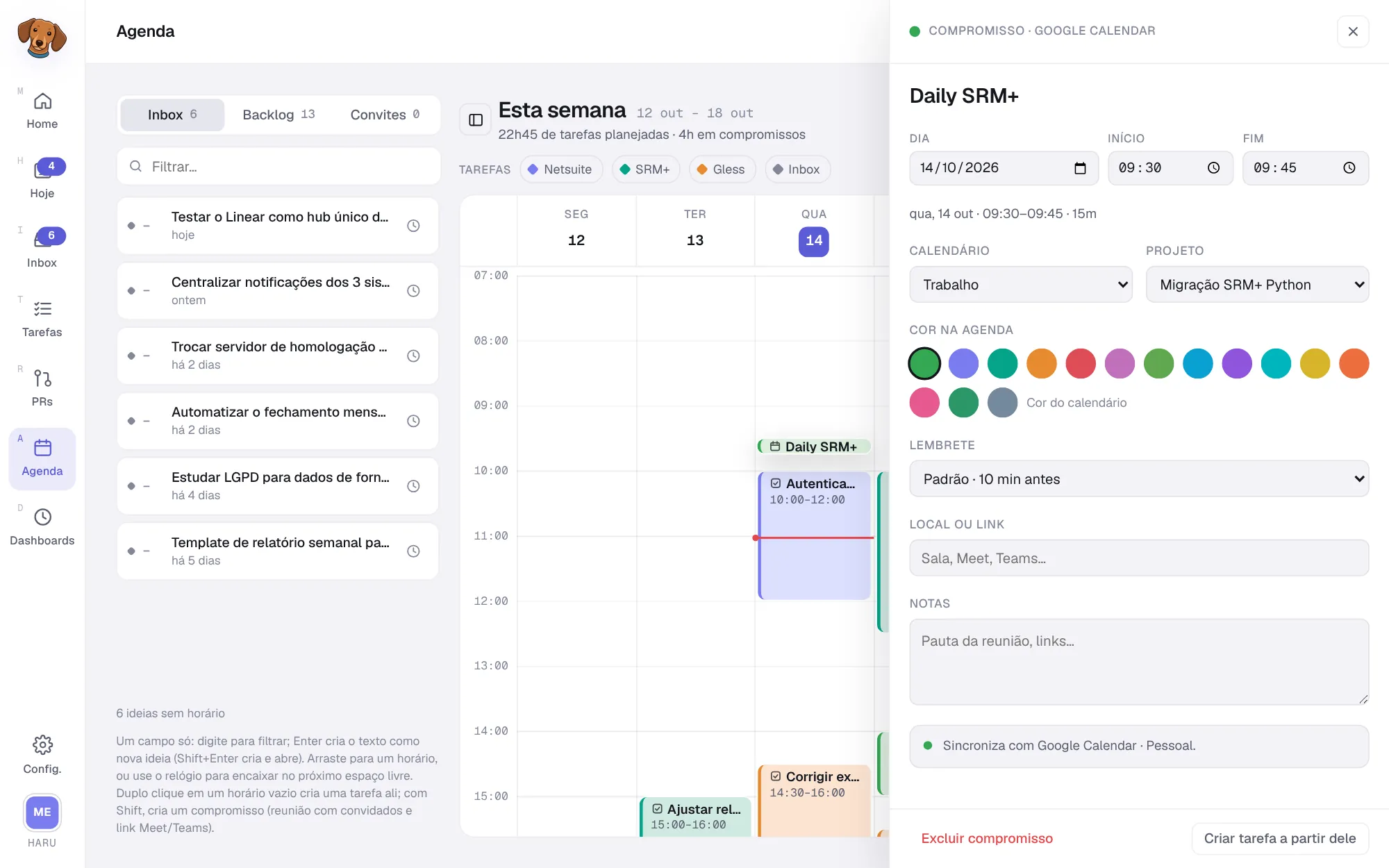 Painel de um compromisso importado do Google Calendar, com dia, horário, calendário, projeto, cor na agenda, lembrete, local e notas