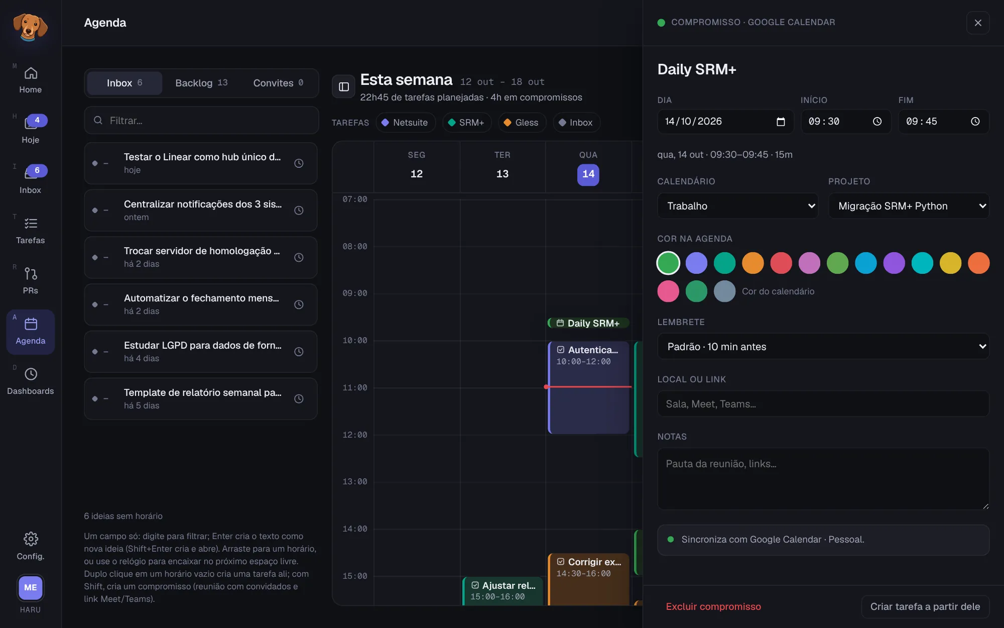 Painel de um compromisso importado do Google Calendar, com dia, horário, calendário, projeto, cor na agenda, lembrete, local e notas