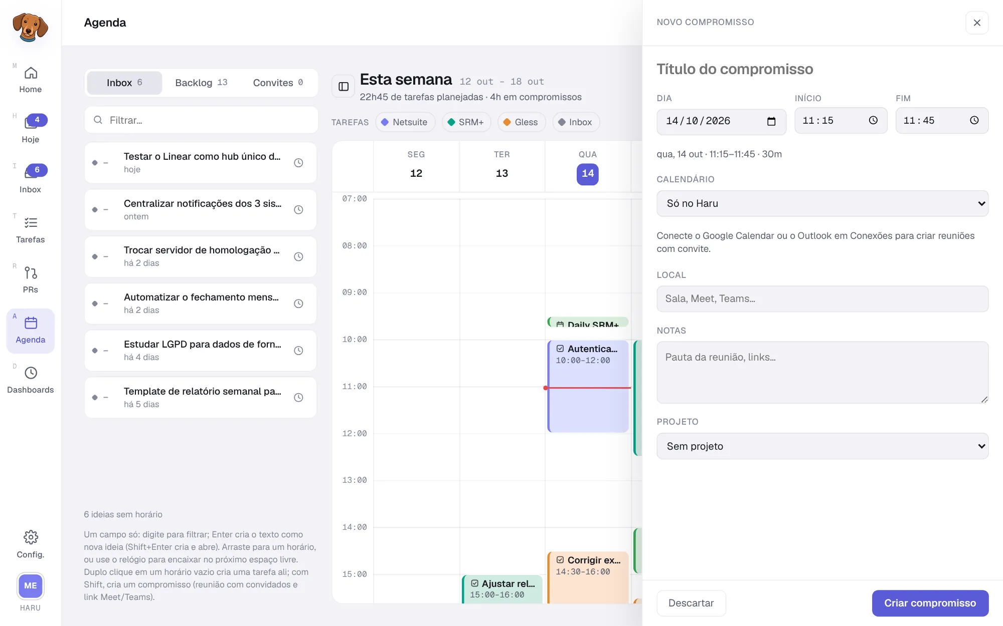 Painel Novo compromisso com título, dia, início, fim, calendário, local, notas e projeto