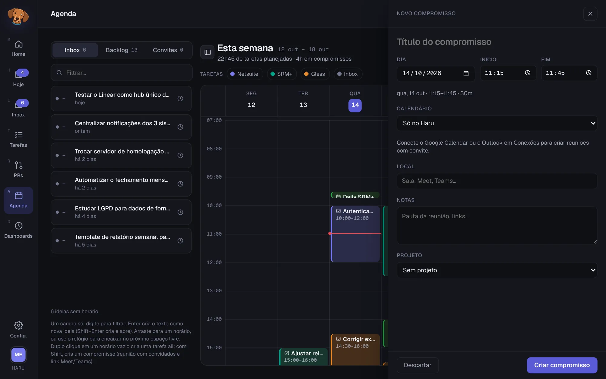 Painel Novo compromisso com título, dia, início, fim, calendário, local, notas e projeto