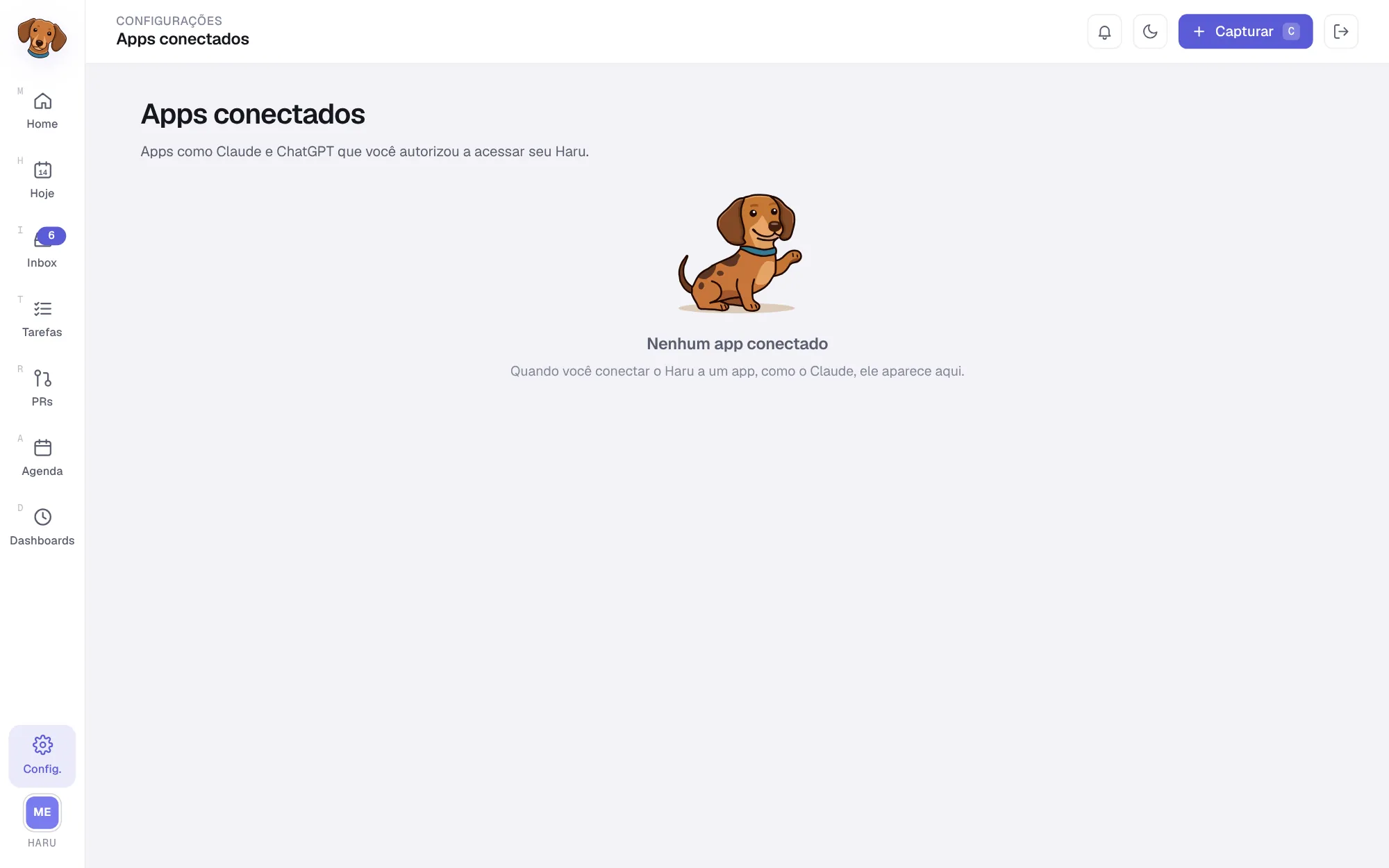 Tela Apps conectados, ainda sem nenhum app, com o Haru deitado e o texto Nenhum app conectado