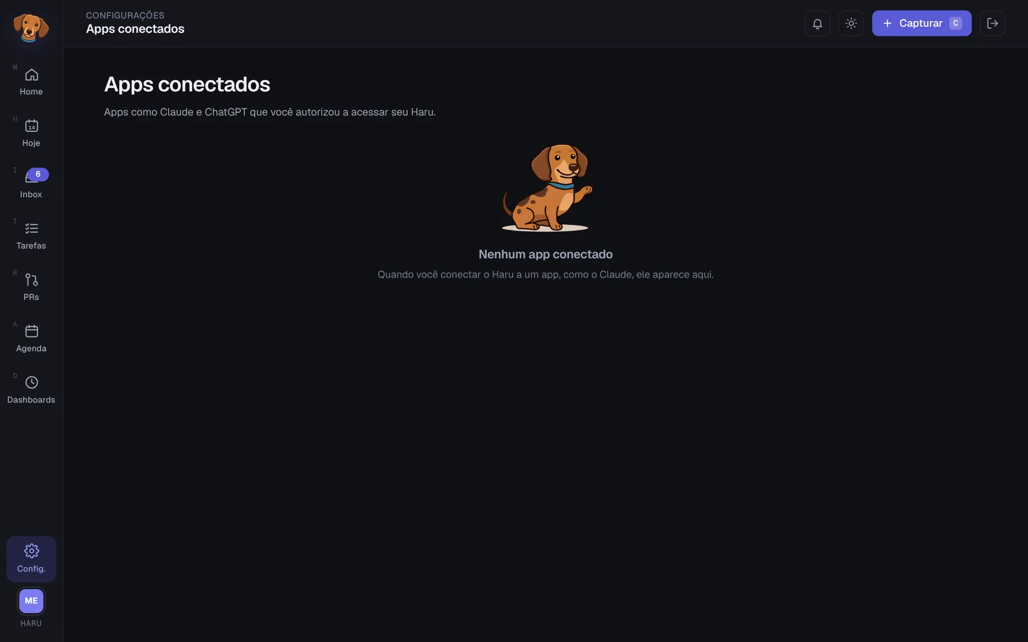 Tela Apps conectados, ainda sem nenhum app, com o Haru deitado e o texto Nenhum app conectado
