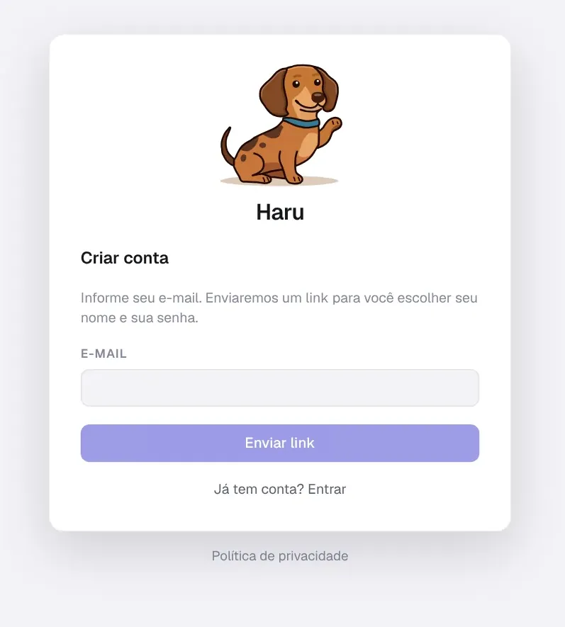 Tela Criar conta do Haru, com o campo de e-mail e o botão Enviar link
