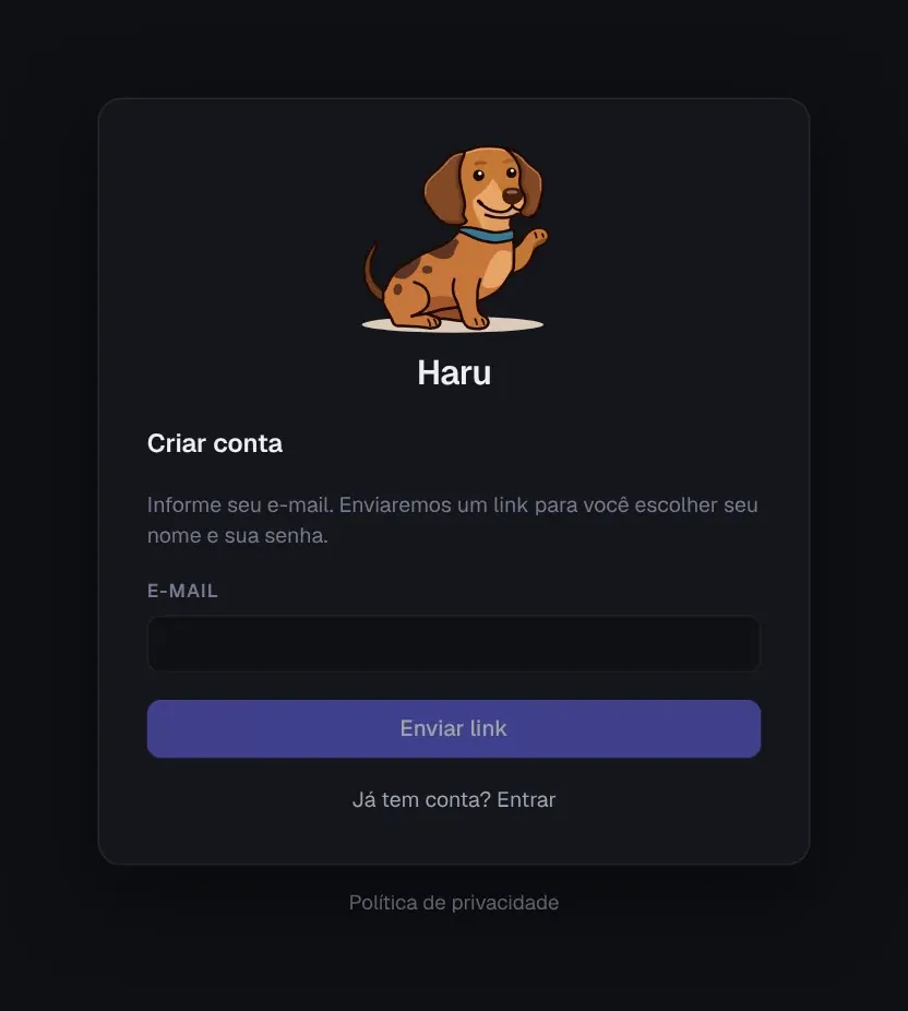 Tela Criar conta do Haru, com o campo de e-mail e o botão Enviar link