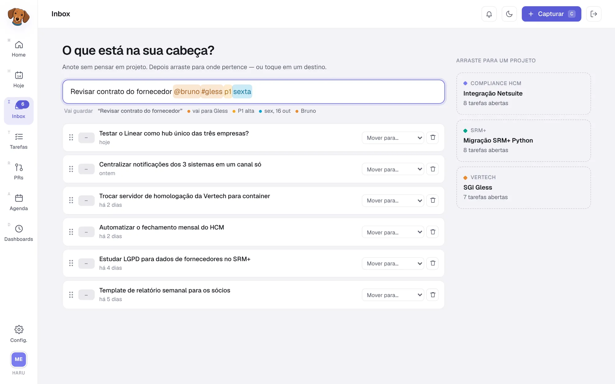 Campo de captura com o texto Revisar contrato do fornecedor @bruno #gless p1 sexta; os termos reconhecidos estão destacados e a prévia mostra o projeto Gless, P1, sexta e Bruno