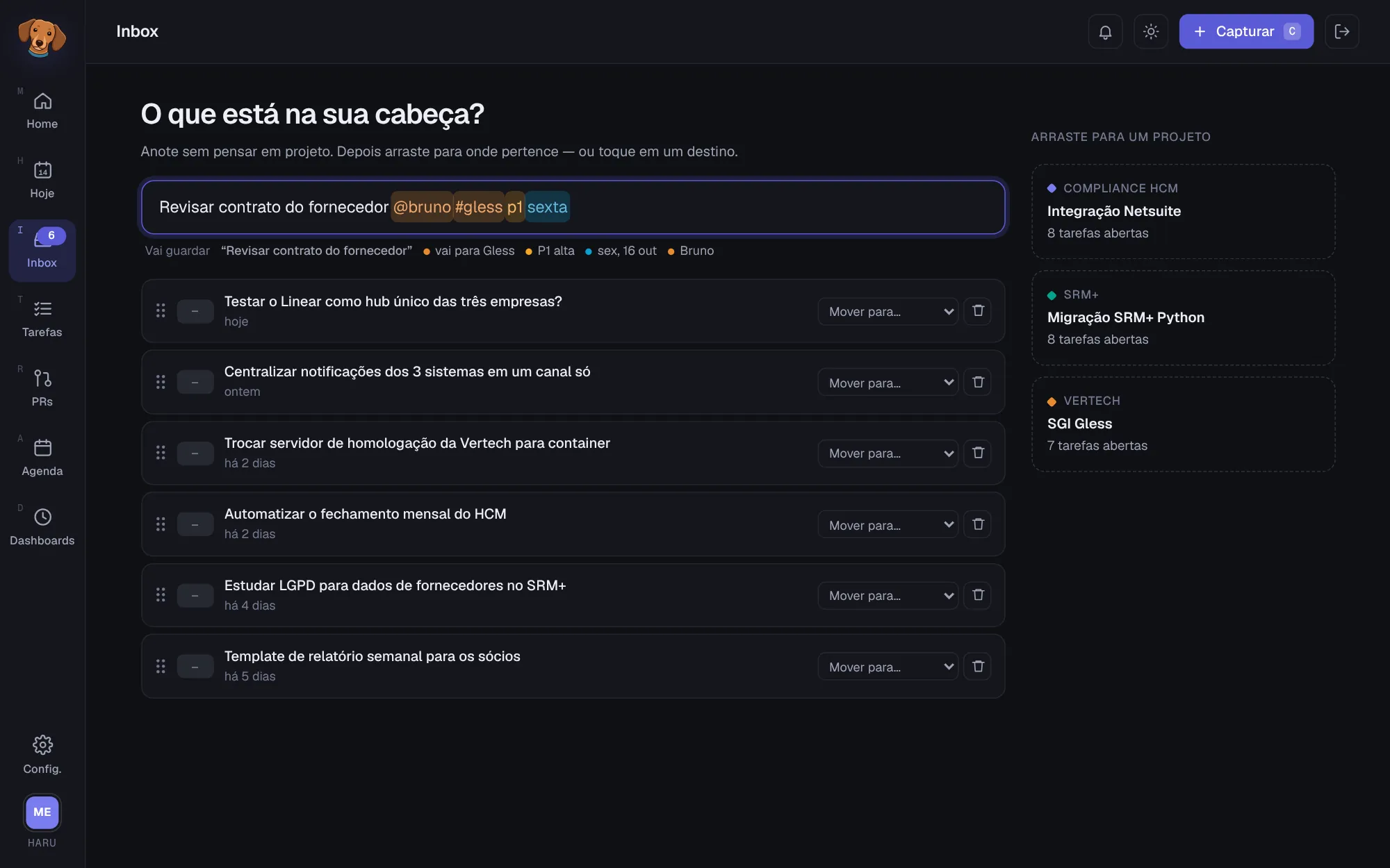 Campo de captura com o texto Revisar contrato do fornecedor @bruno #gless p1 sexta; os termos reconhecidos estão destacados e a prévia mostra o projeto Gless, P1, sexta e Bruno