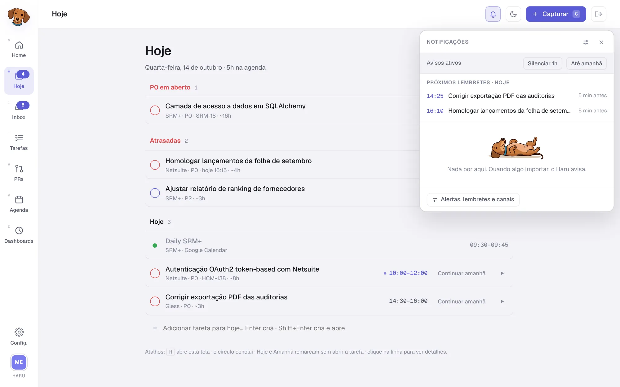 Central de notificações aberta sobre a tela Hoje, com os avisos ativos, os botões Silenciar 1h e Até amanhã e os próximos lembretes do dia