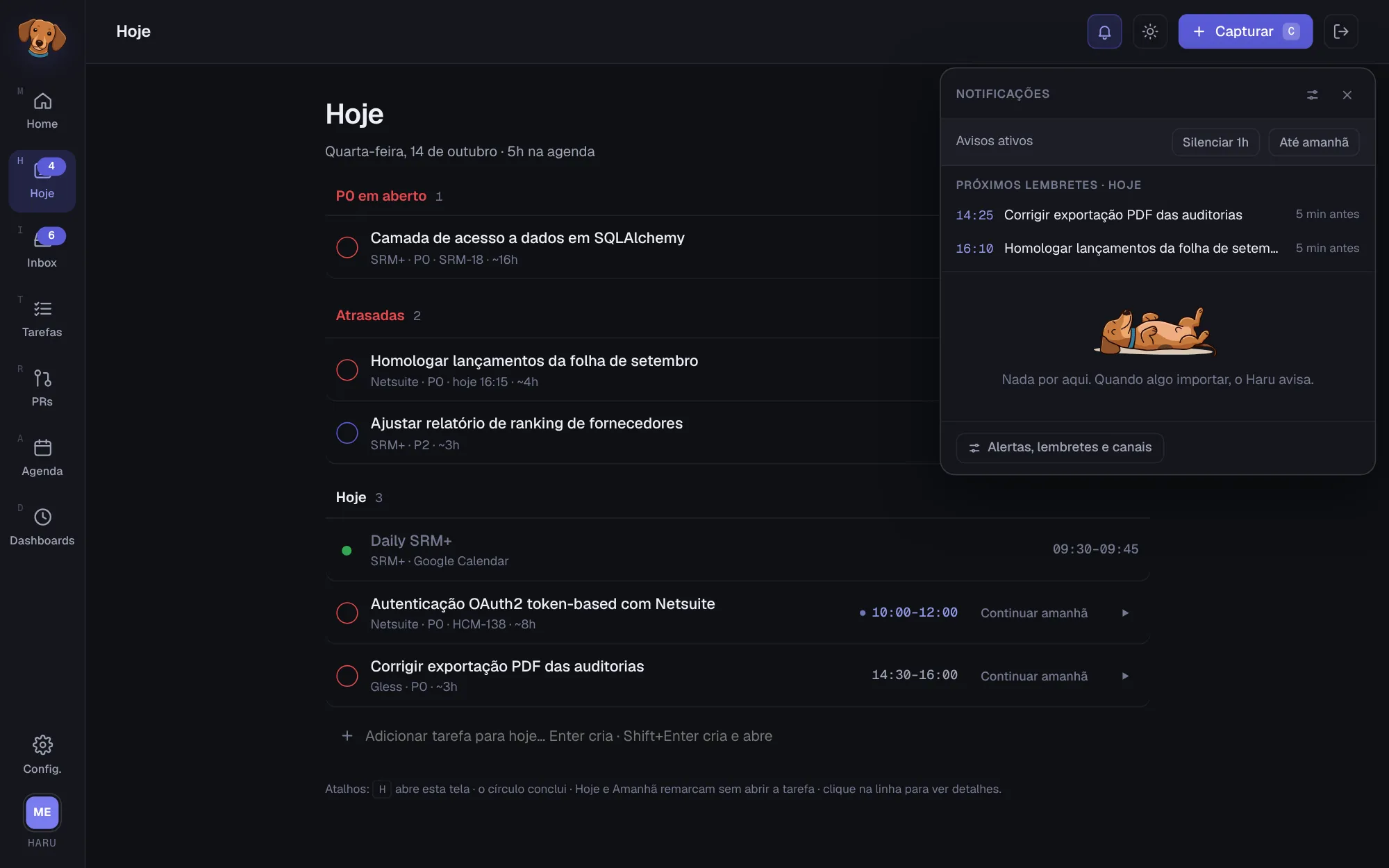 Central de notificações aberta sobre a tela Hoje, com os avisos ativos, os botões Silenciar 1h e Até amanhã e os próximos lembretes do dia
