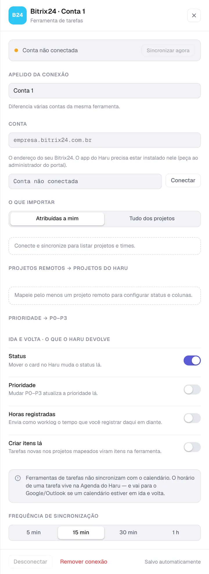Painel de uma nova conexão Bitrix24 com o campo do endereço do portal empresa.bitrix24.com.br, o botão Conectar, o que importar e a ida e volta