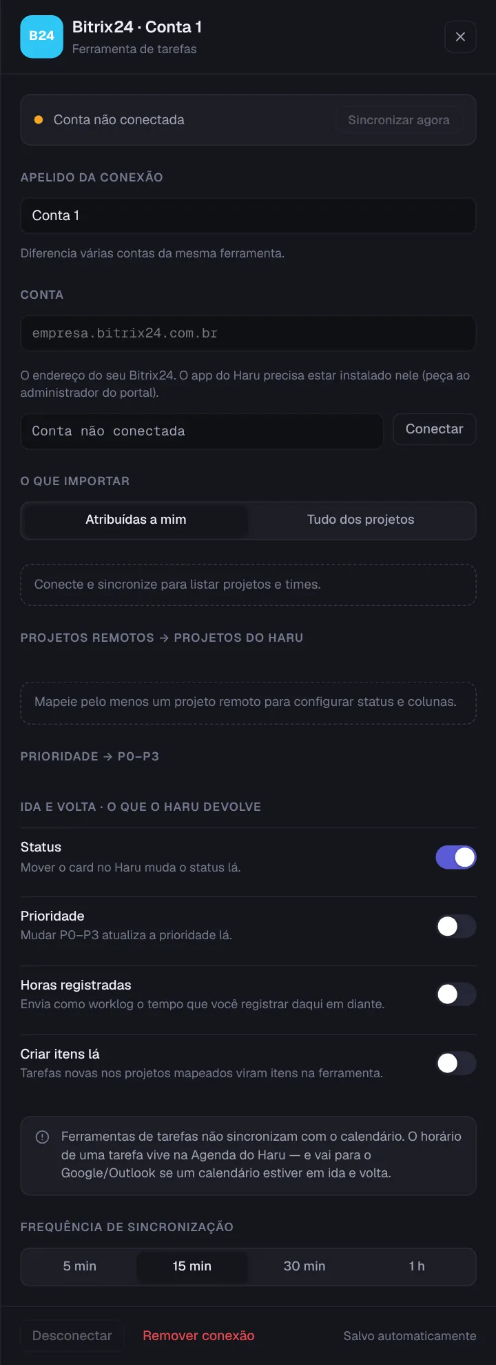 Painel de uma nova conexão Bitrix24 com o campo do endereço do portal empresa.bitrix24.com.br, o botão Conectar, o que importar e a ida e volta