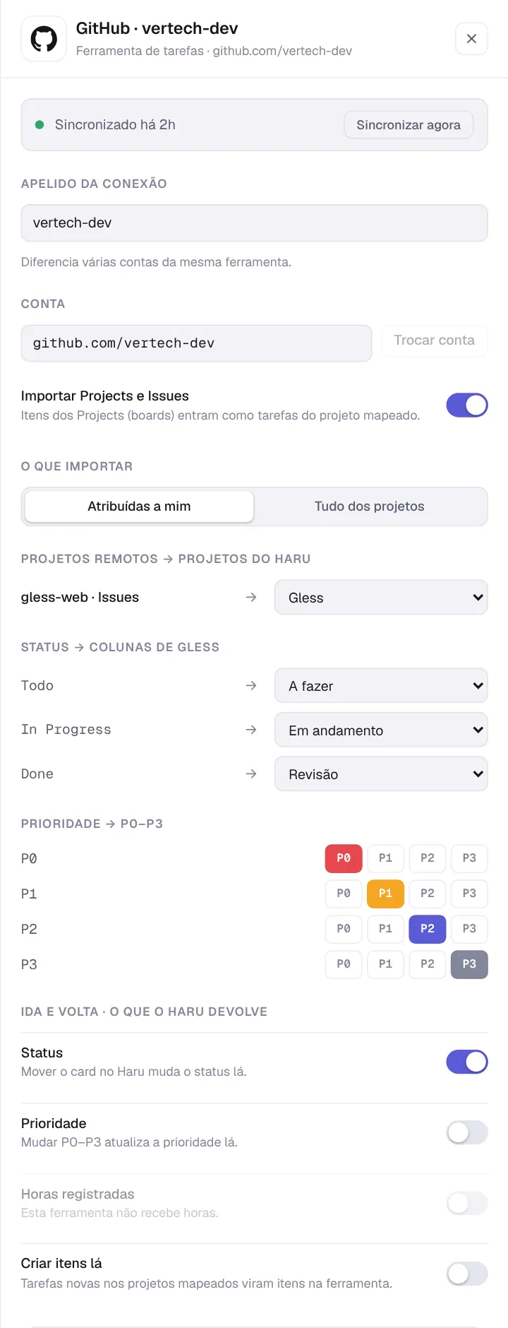 Painel da conexão GitHub, parte de cima: conta, Importar Projects e Issues, o que importar, o Project gless-web mapeado para Gless, o mapa de status e de prioridades e a ida e volta