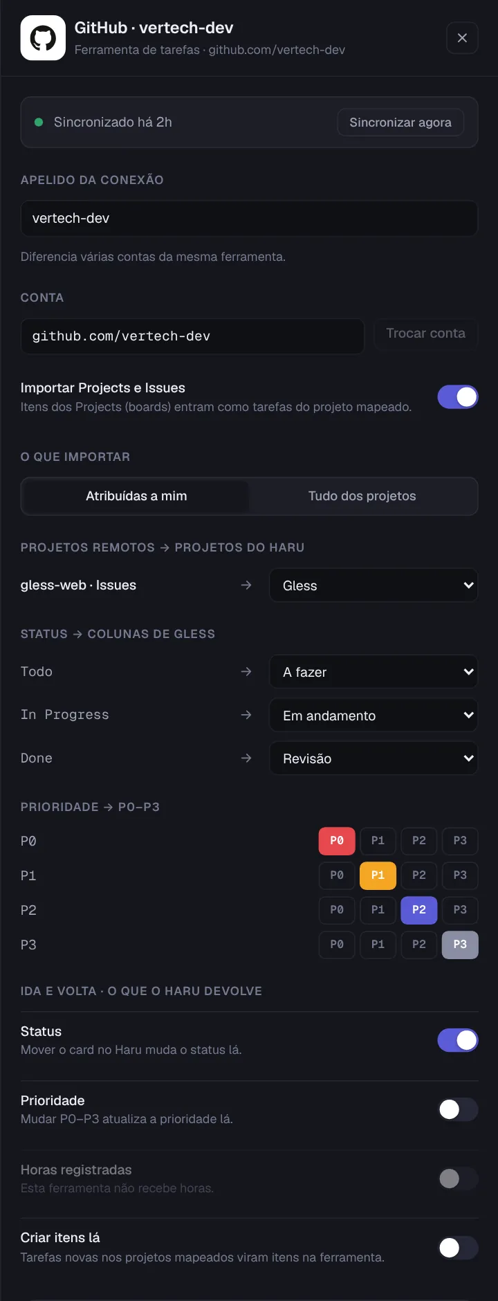 Painel da conexão GitHub, parte de cima: conta, Importar Projects e Issues, o que importar, o Project gless-web mapeado para Gless, o mapa de status e de prioridades e a ida e volta