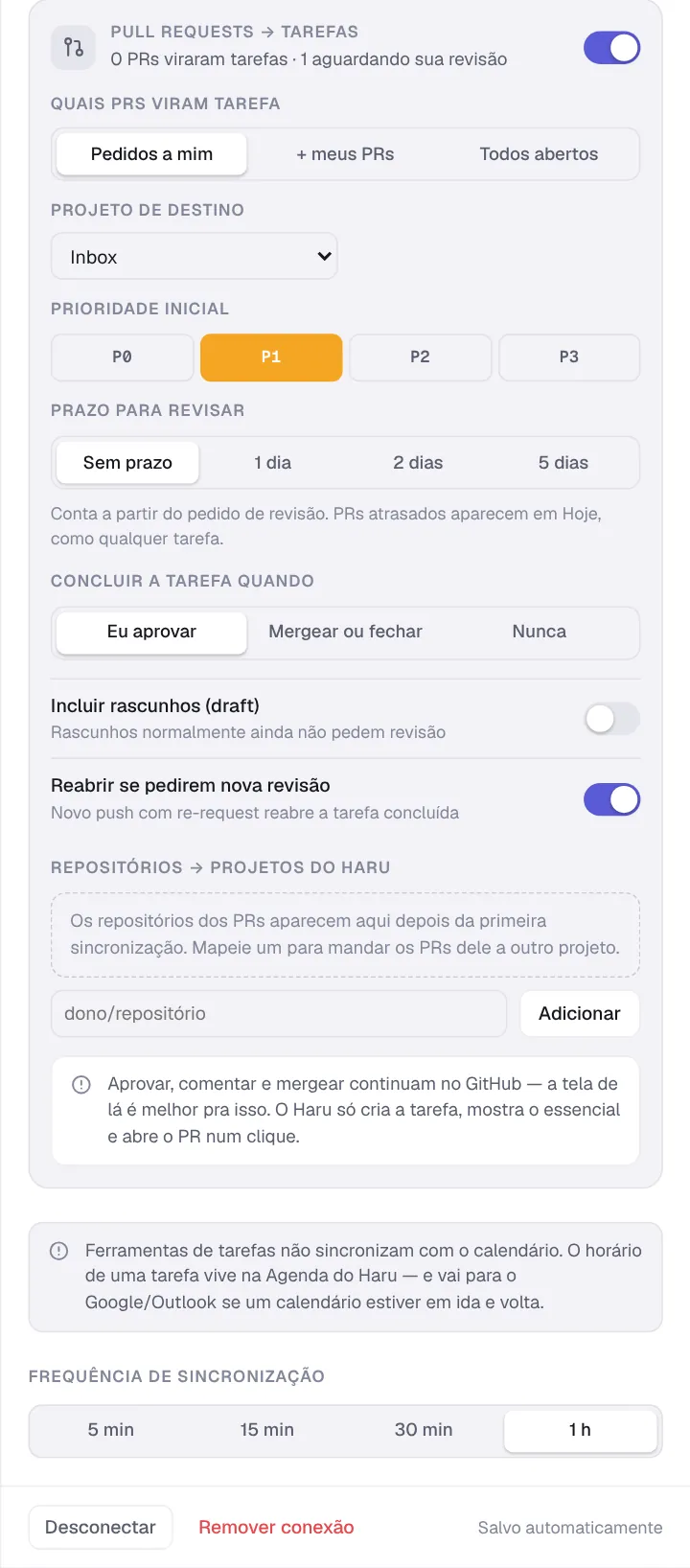 Painel da conexão GitHub, parte de baixo: Pull requests → tarefas ligado, quais PRs viram tarefa, projeto de destino, prioridade inicial, prazo para revisar, quando concluir, rascunhos, reabrir e repositórios