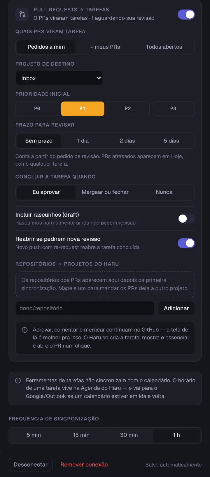 Painel da conexão GitHub, parte de baixo: Pull requests → tarefas ligado, quais PRs viram tarefa, projeto de destino, prioridade inicial, prazo para revisar, quando concluir, rascunhos, reabrir e repositórios