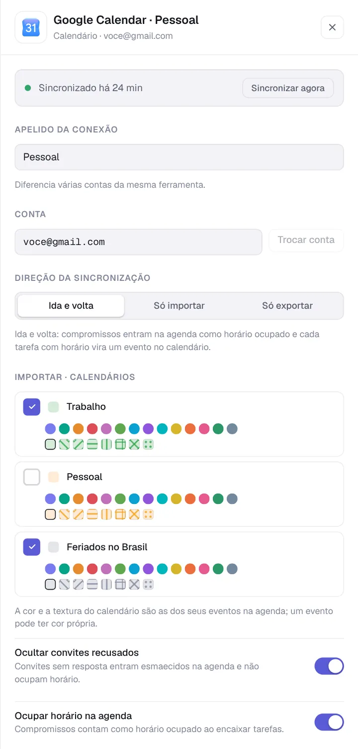 Painel da conexão Google Calendar, parte de cima: status, apelido, conta, direção da sincronização e os calendários importados com cor e textura