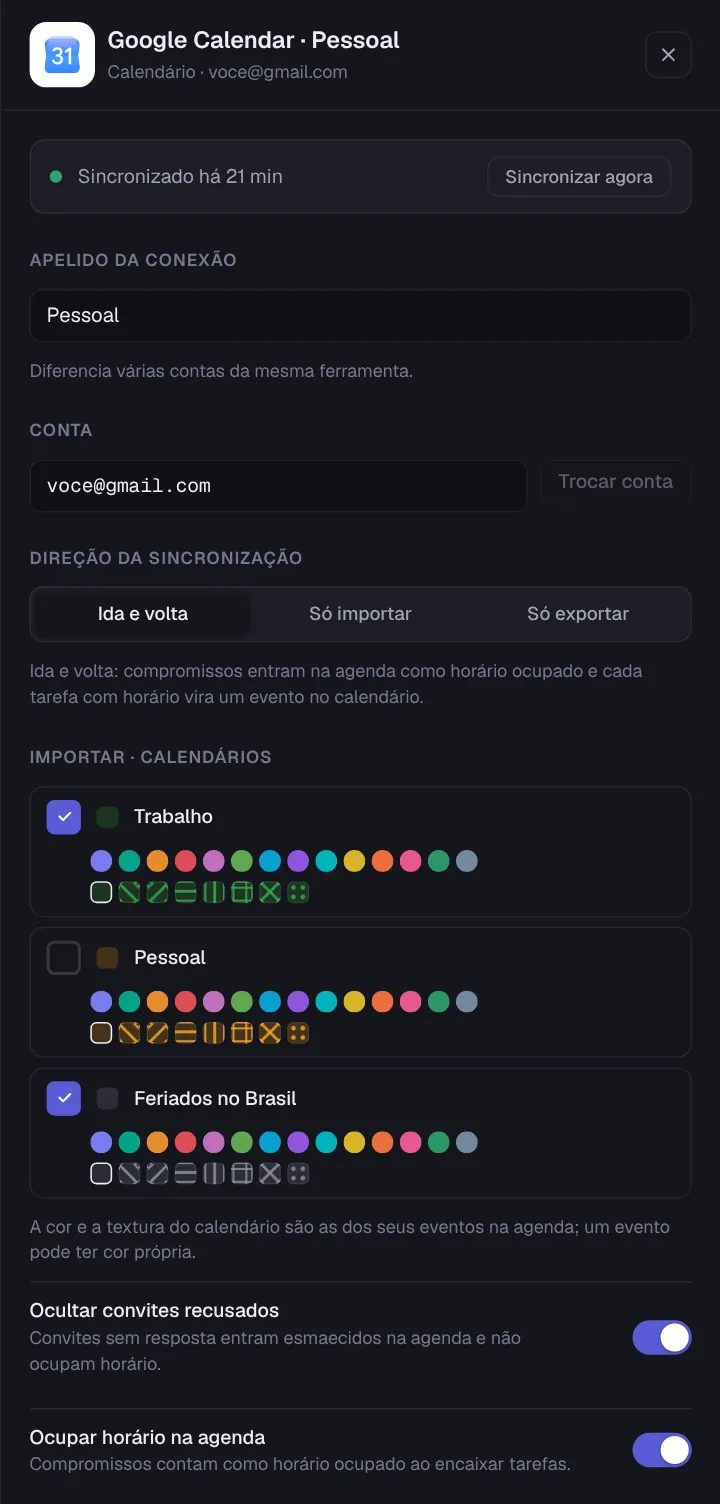 Painel da conexão Google Calendar, parte de cima: status, apelido, conta, direção da sincronização e os calendários importados com cor e textura