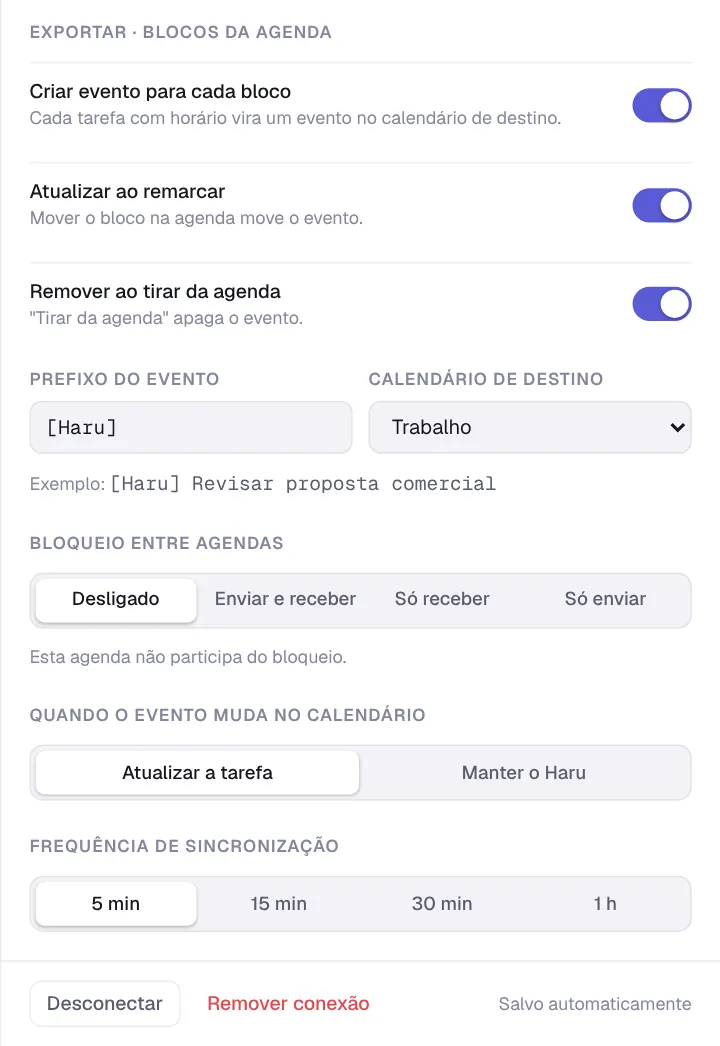 Painel da conexão Google Calendar, parte de baixo: exportar blocos da agenda, prefixo, calendário de destino, bloqueio entre agendas, quando o evento muda e frequência