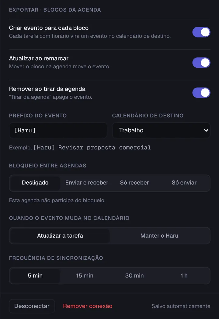 Painel da conexão Google Calendar, parte de baixo: exportar blocos da agenda, prefixo, calendário de destino, bloqueio entre agendas, quando o evento muda e frequência