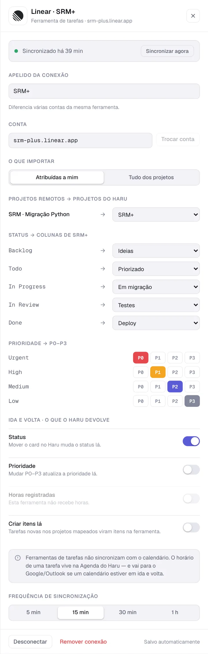 Painel da conexão Linear com a conta, o que importar, o Project SRM Migração Python mapeado para SRM+, o mapa de status Backlog, Todo, In Progress, In Review e Done para as colunas e o mapa de prioridades Urgent, High, Medium e Low
