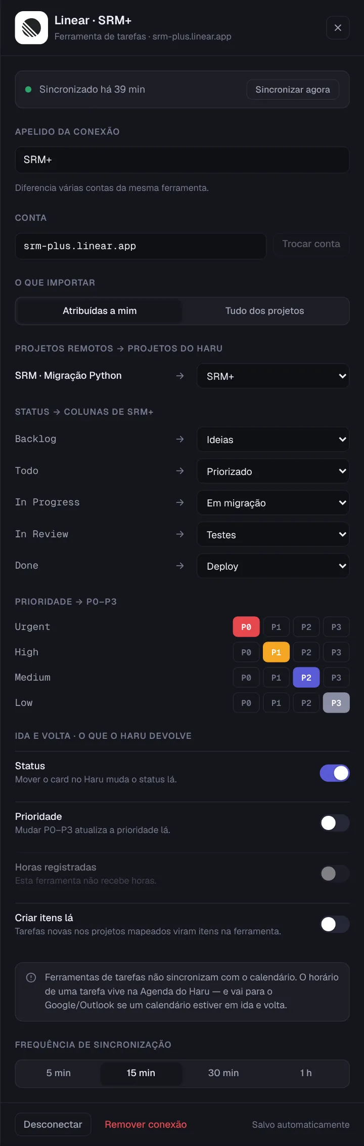 Painel da conexão Linear com a conta, o que importar, o Project SRM Migração Python mapeado para SRM+, o mapa de status Backlog, Todo, In Progress, In Review e Done para as colunas e o mapa de prioridades Urgent, High, Medium e Low