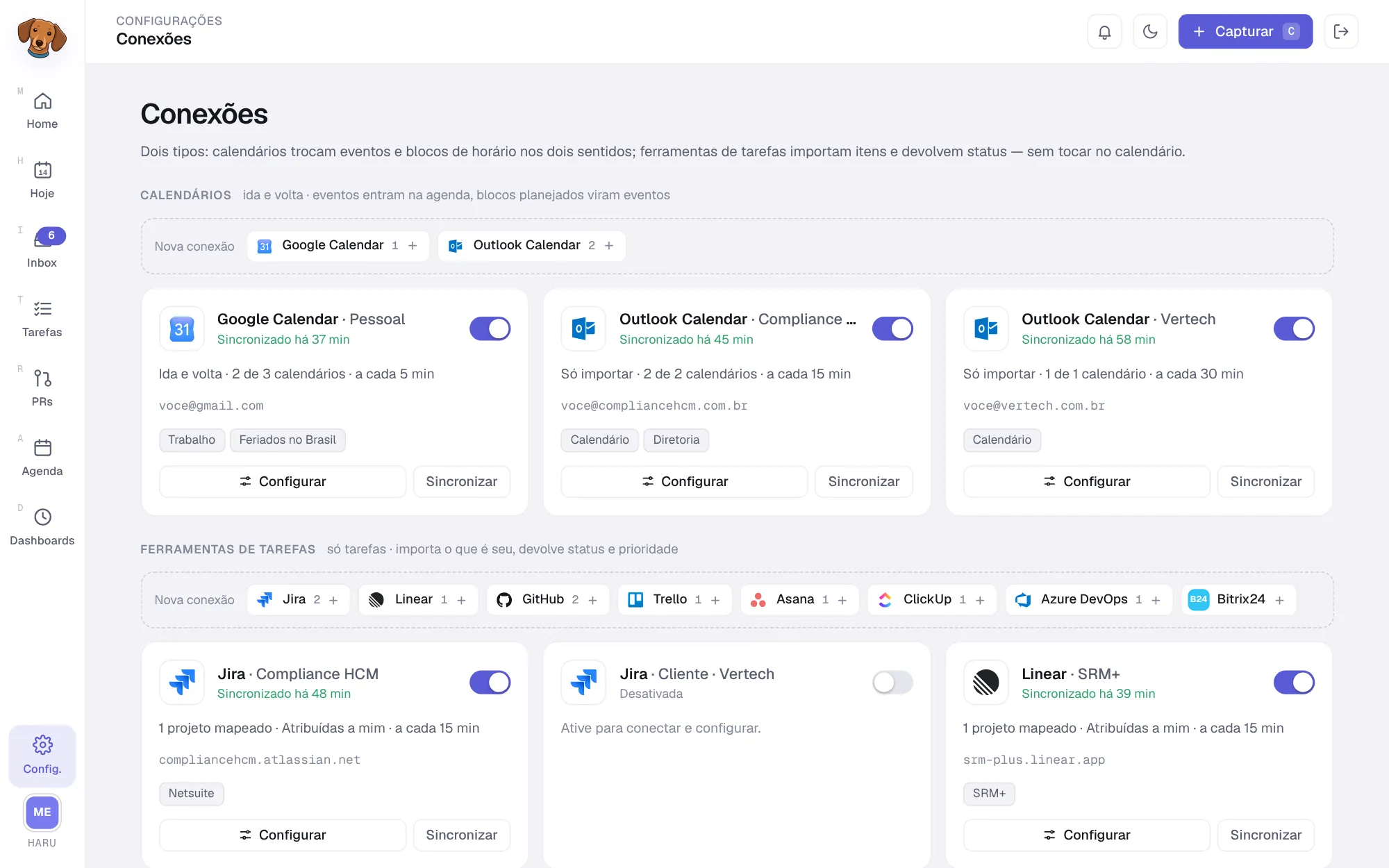 Tela Conexões com as seções Calendários e Ferramentas de tarefas, a barra Nova conexão de cada uma e os cartões das conexões com status, resumo e os botões Configurar e Sincronizar