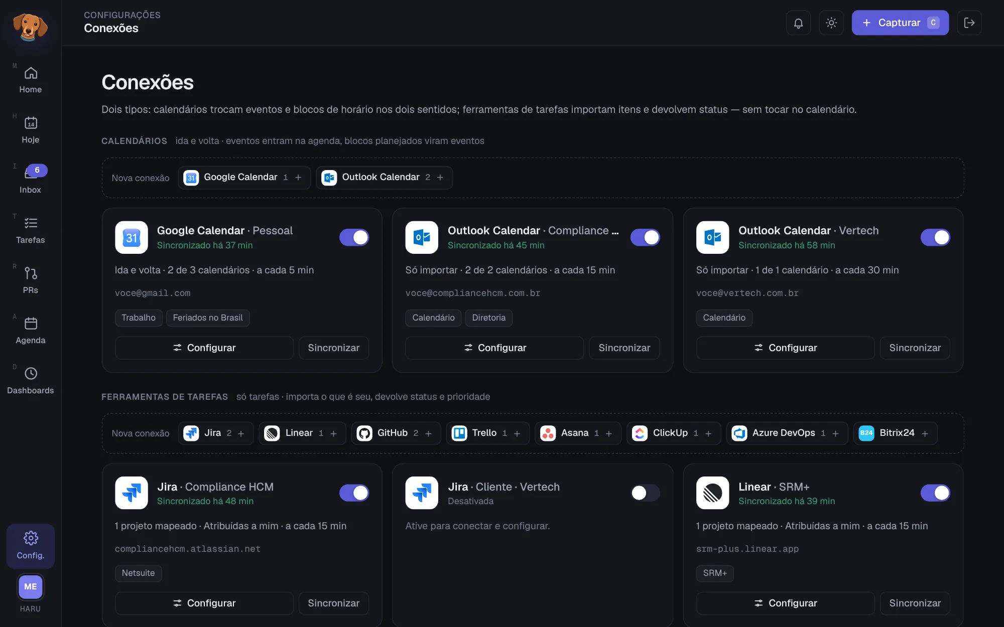 Tela Conexões com as seções Calendários e Ferramentas de tarefas, a barra Nova conexão de cada uma e os cartões das conexões com status, resumo e os botões Configurar e Sincronizar