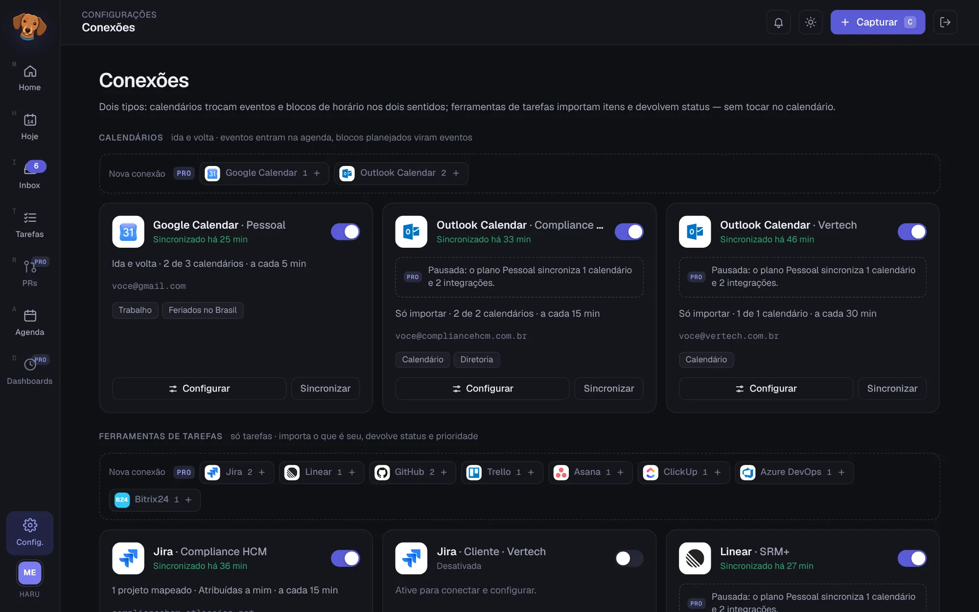 Conexões no plano Pessoal: a barra Nova conexão com a tag PRO e as conexões além do limite com o aviso Pausada: o plano Pessoal sincroniza 1 calendário e 2 integrações