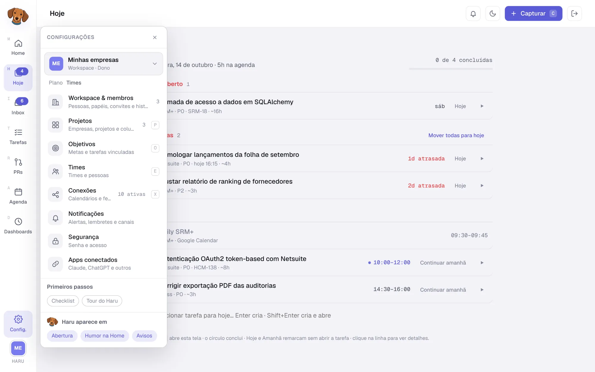 Painel de Configurações aberto com o workspace, o plano e os itens Workspace e membros, Projetos, Objetivos, Times, Conexões, Notificações, Segurança e Apps conectados