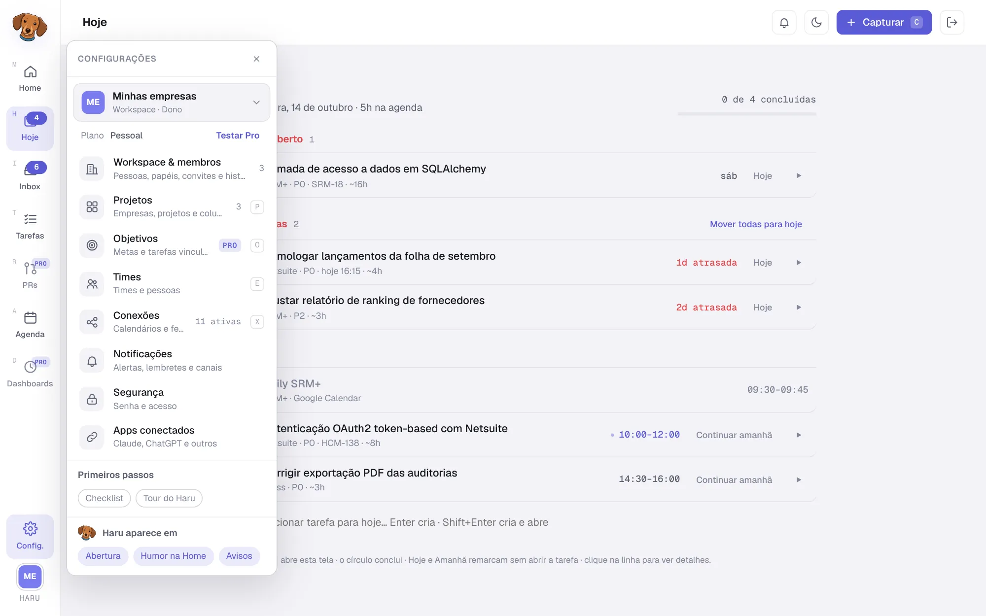 Menu de Configurações no plano Pessoal, com a linha Plano Pessoal e o botão Testar Pro