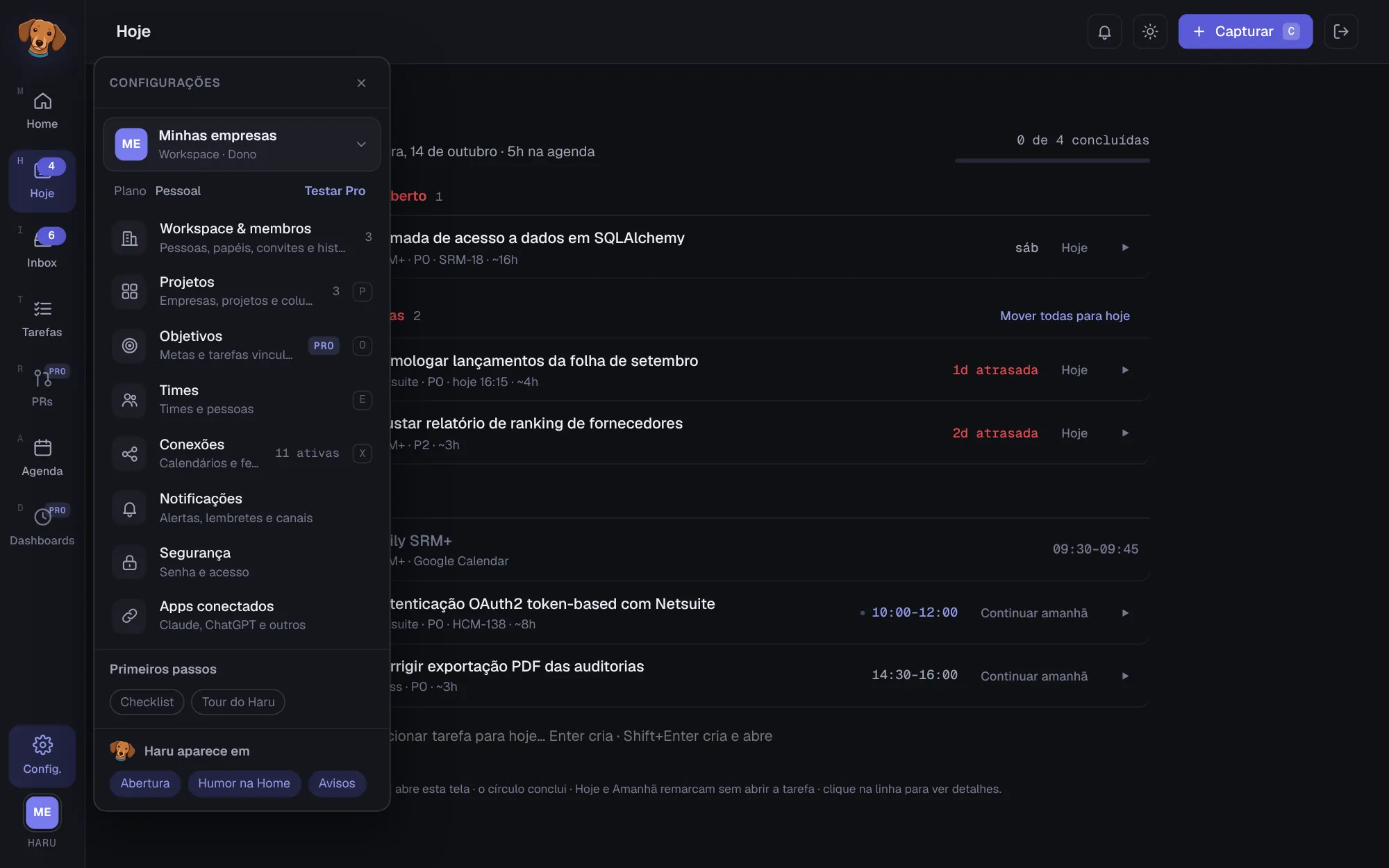 Menu de Configurações no plano Pessoal, com a linha Plano Pessoal e o botão Testar Pro
