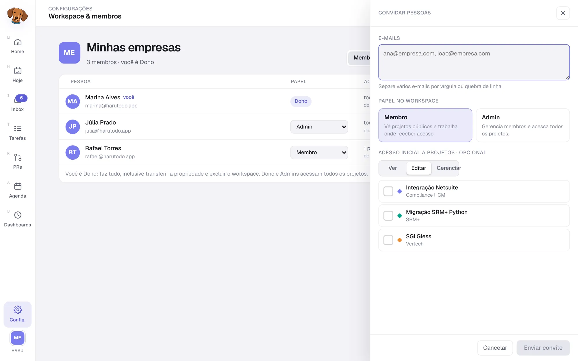Painel Convidar pessoas com o campo de e-mails, a escolha do papel Membro ou Admin e o acesso inicial a projetos com o nível Ver, Editar ou Gerenciar