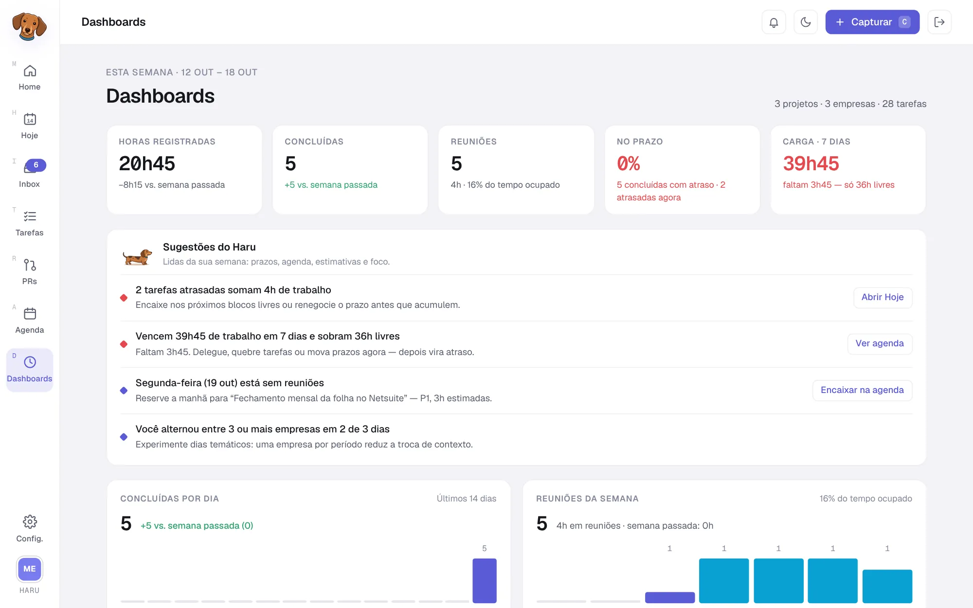 Dashboards com os indicadores Horas registradas, Concluídas, Reuniões, No prazo e Carga dos próximos 7 dias, as sugestões do Haru e os gráficos de concluídas por dia e reuniões da semana