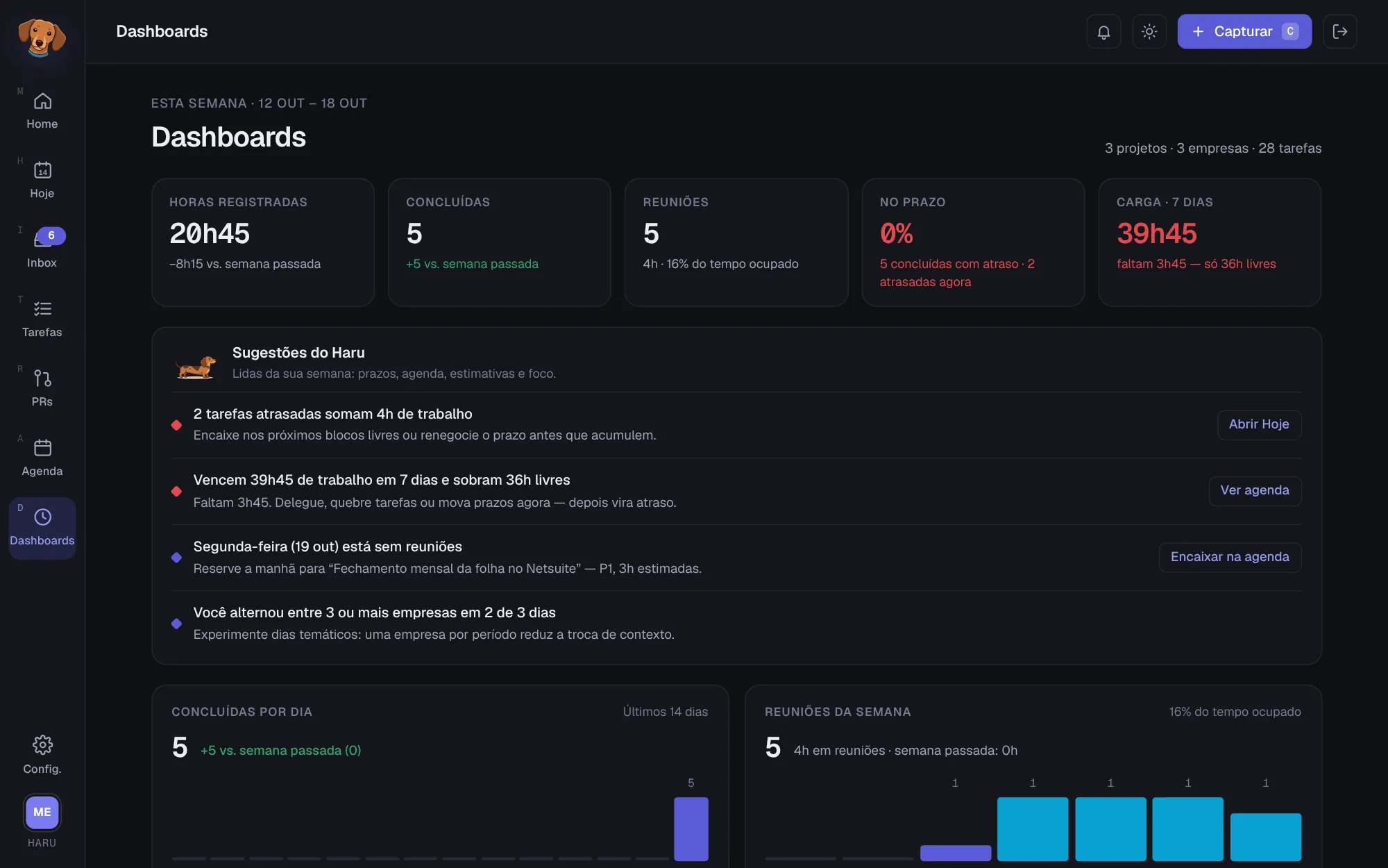 Dashboards com os indicadores Horas registradas, Concluídas, Reuniões, No prazo e Carga dos próximos 7 dias, as sugestões do Haru e os gráficos de concluídas por dia e reuniões da semana