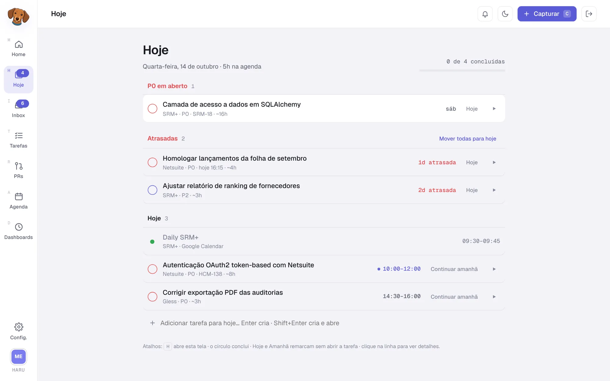 Tela Hoje do Haru com as tarefas P0, as atrasadas e as de hoje, cada uma com horário e projeto