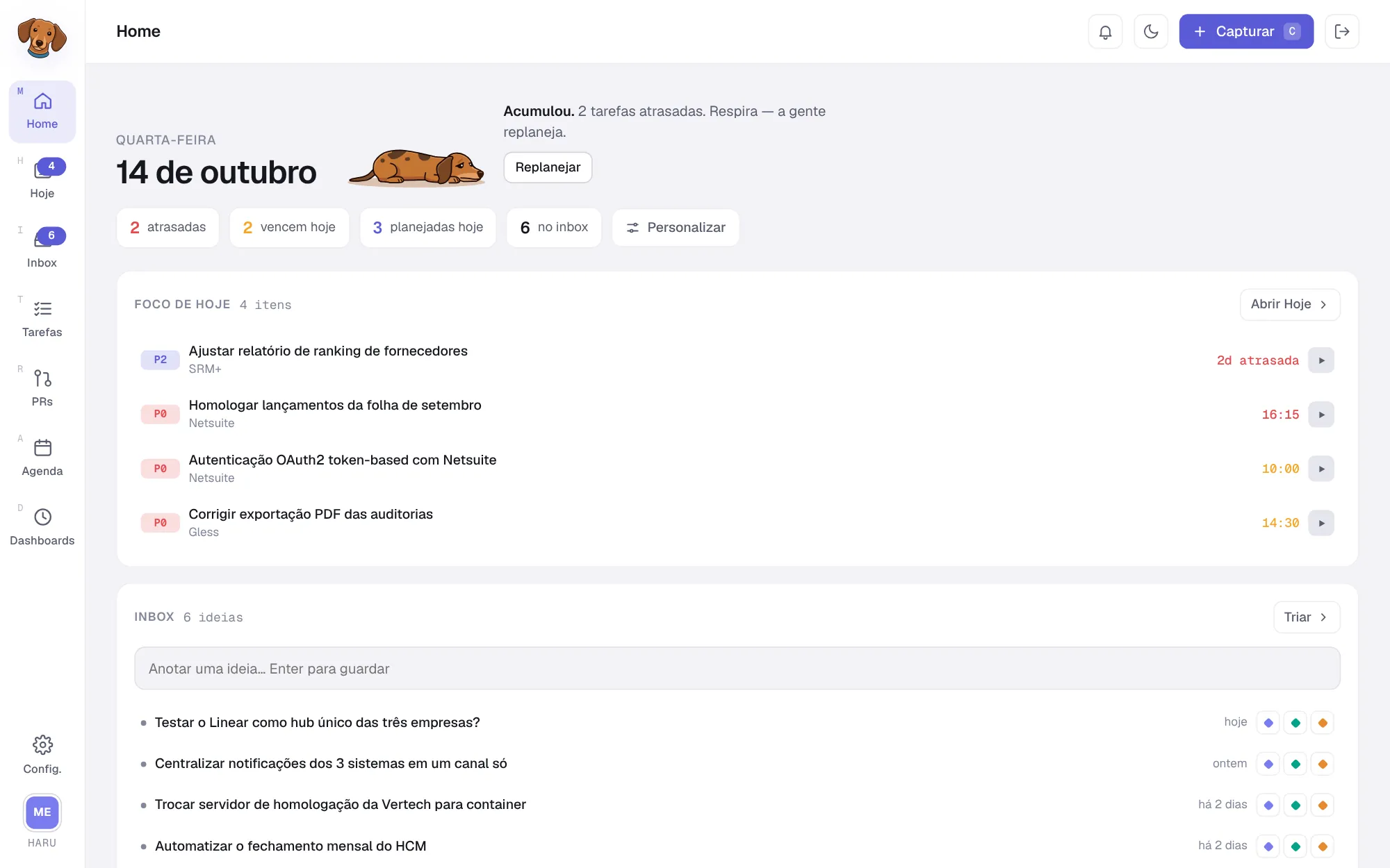 Home do Haru com a data, o mascote triste avisando de duas tarefas atrasadas, os contadores e os widgets Foco de hoje e Inbox
