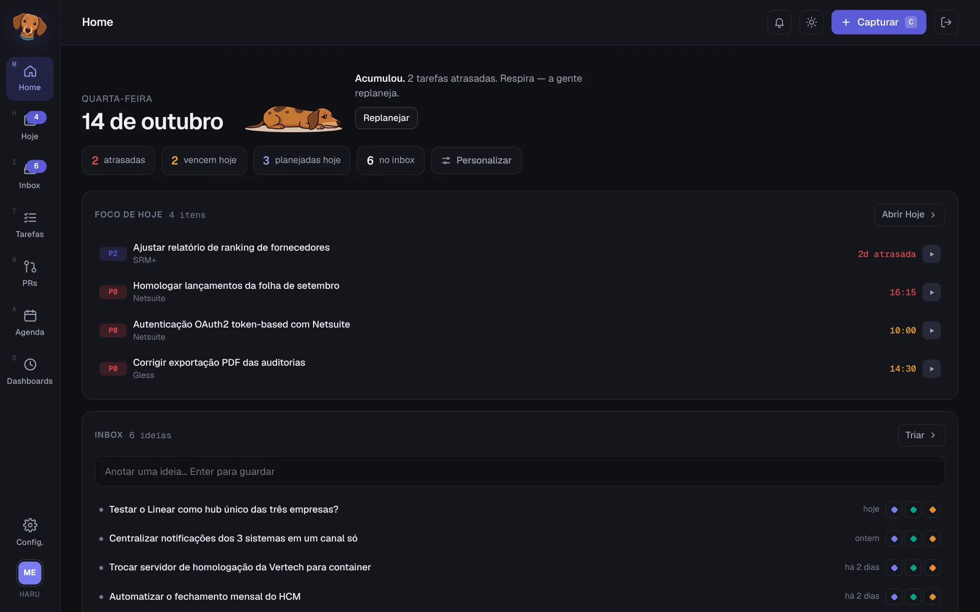 Home do Haru com a data, o mascote triste avisando de duas tarefas atrasadas, os contadores e os widgets Foco de hoje e Inbox