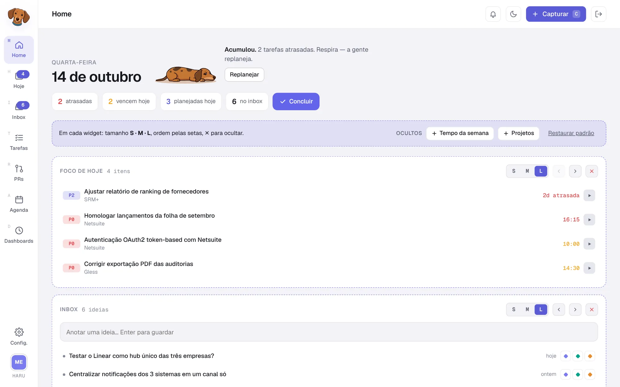 Home em modo Personalizar, com os botões de tamanho S, M e L, as setas de ordem e a lista de widgets ocultos