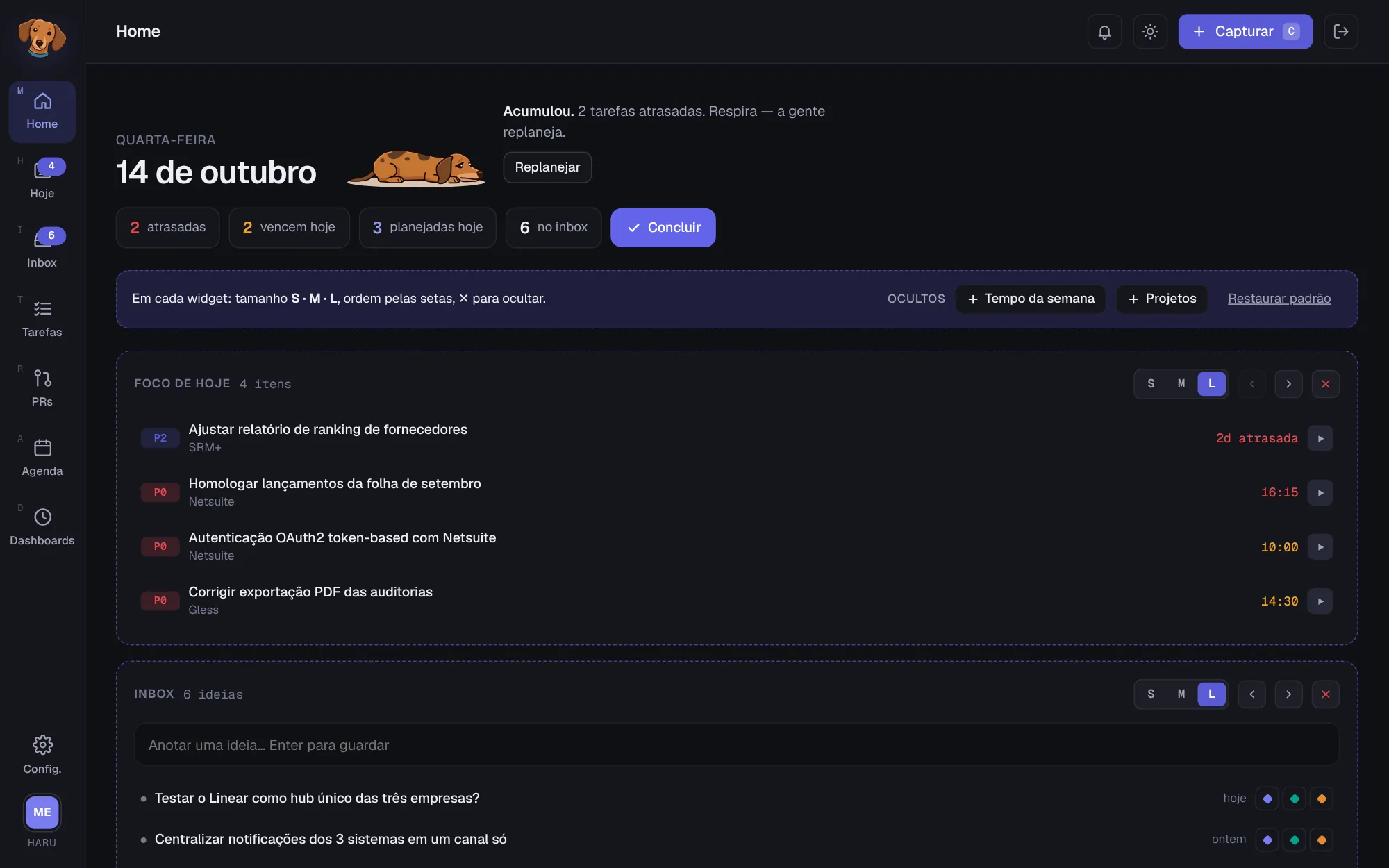 Home em modo Personalizar, com os botões de tamanho S, M e L, as setas de ordem e a lista de widgets ocultos