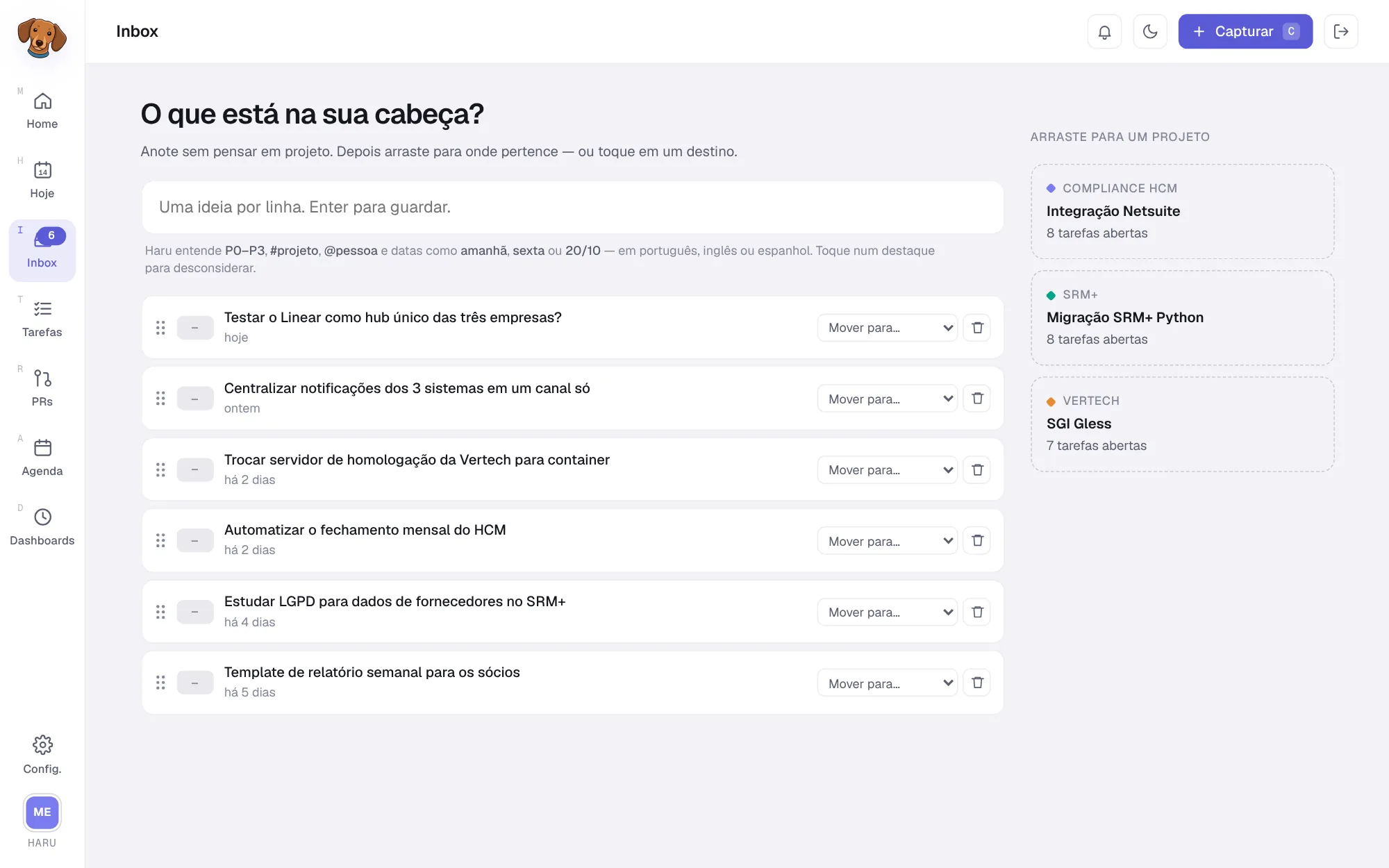 Inbox com o título O que está na sua cabeça?, o campo de captura, a lista de ideias e, à direita, a coluna Arraste para um projeto
