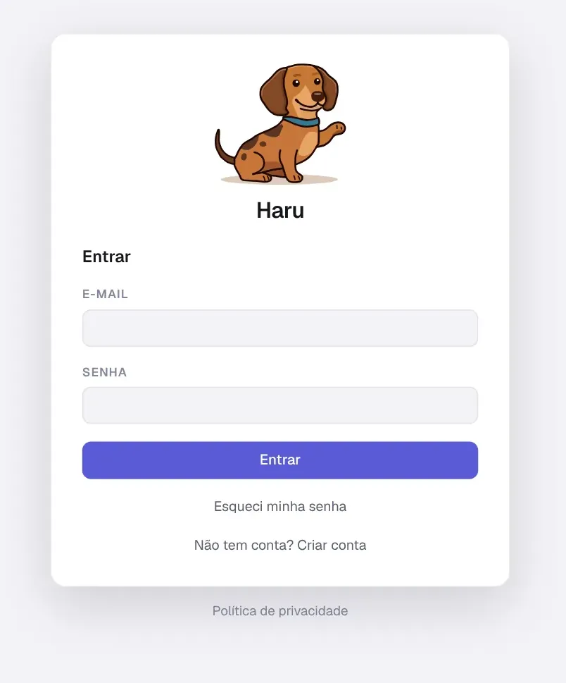Tela de login do Haru com e-mail, senha e os links Esqueci minha senha e Criar conta