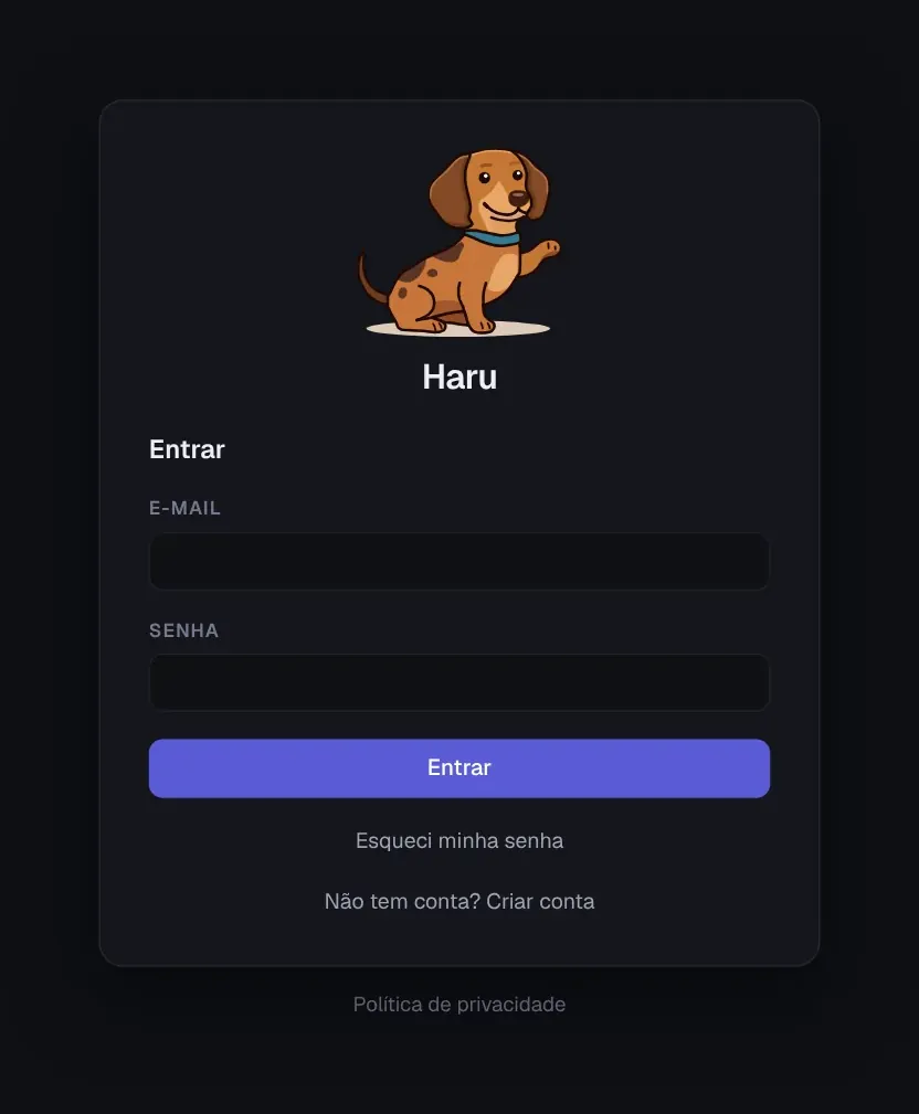 Tela de login do Haru com e-mail, senha e os links Esqueci minha senha e Criar conta