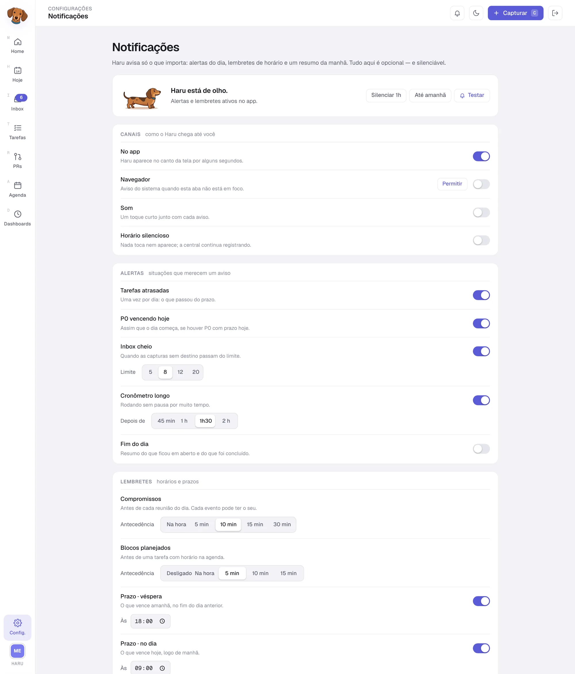 Tela Notificações com os canais, o horário silencioso, os alertas e os lembretes, cada um com a sua chave e os seus ajustes