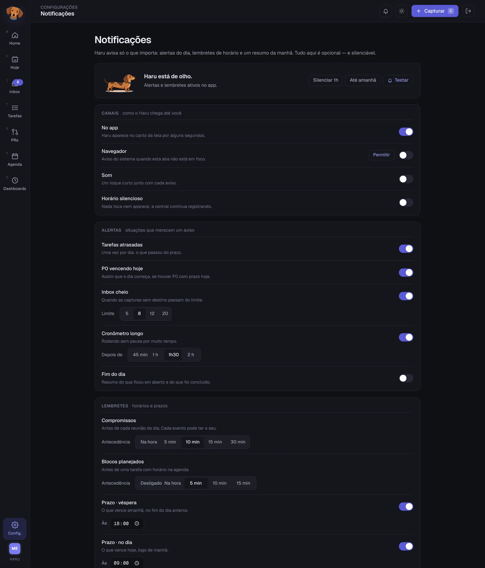 Tela Notificações com os canais, o horário silencioso, os alertas e os lembretes, cada um com a sua chave e os seus ajustes