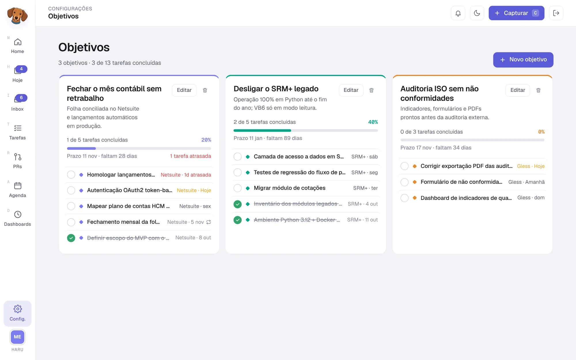 Tela Objetivos com três objetivos, cada um com descrição, prazo, barra de progresso e a lista de tarefas vinculadas