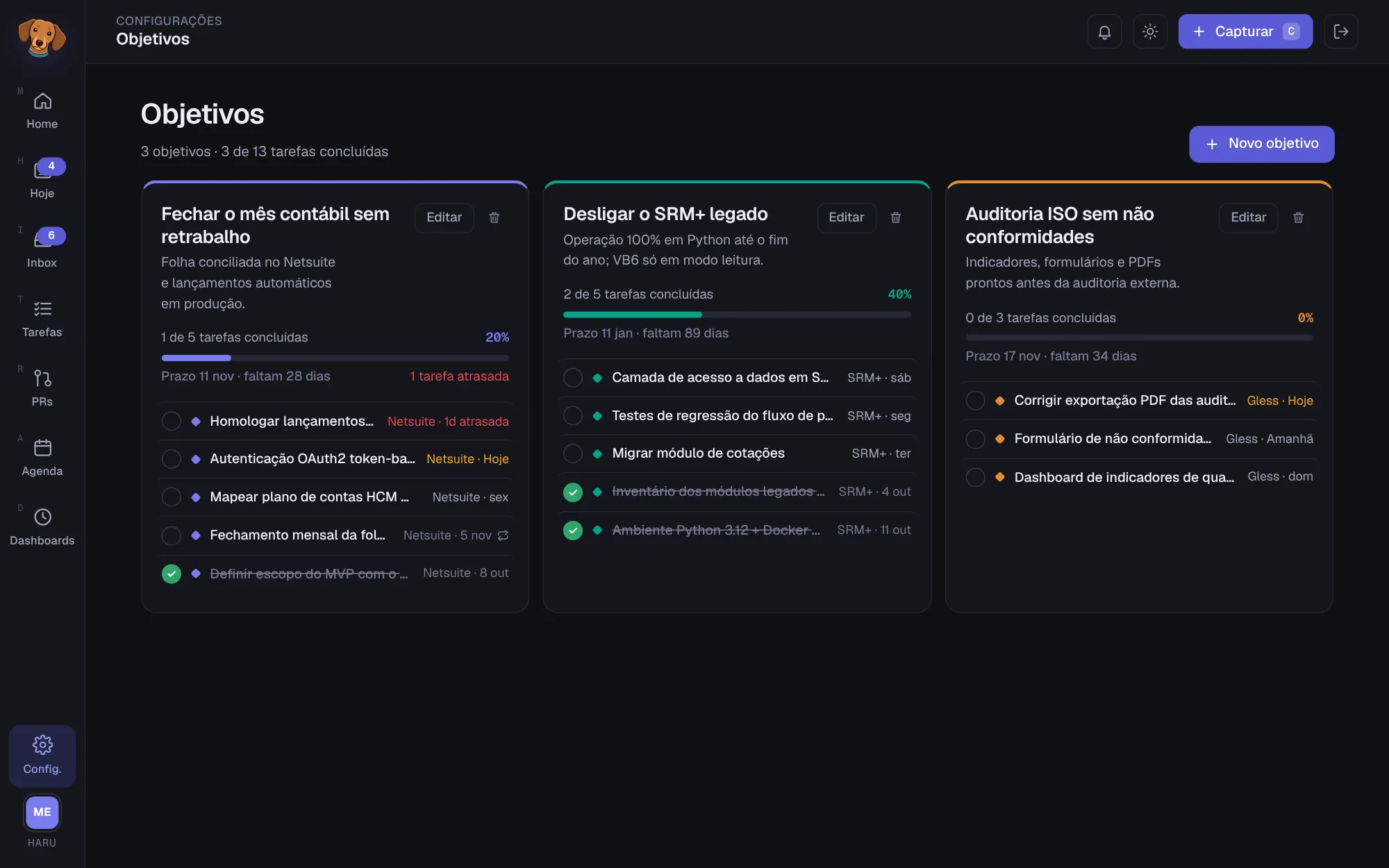 Tela Objetivos com três objetivos, cada um com descrição, prazo, barra de progresso e a lista de tarefas vinculadas