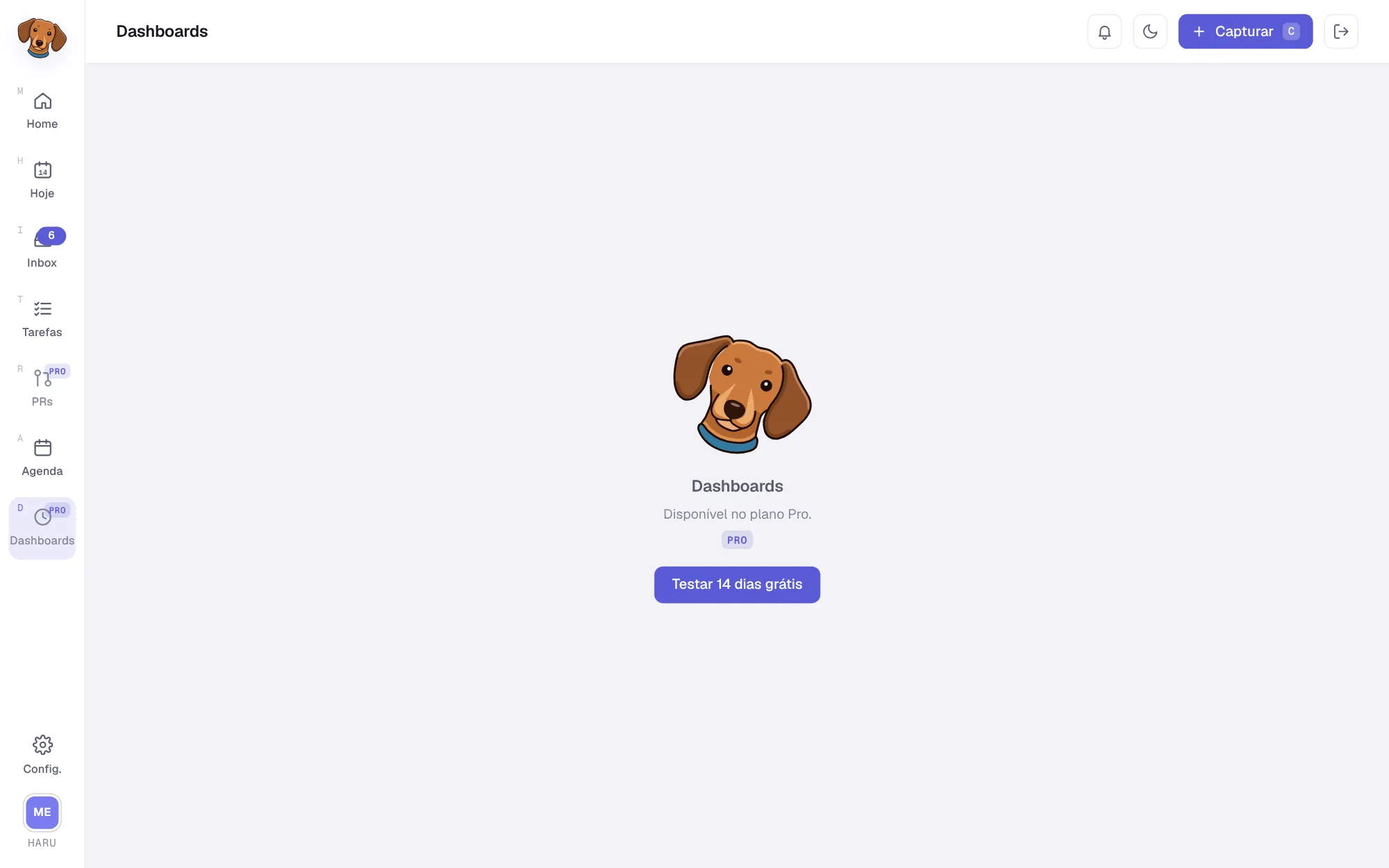 Tela Dashboards no plano Pessoal, com o Haru, o texto Disponível no plano Pro e o botão Testar 14 dias grátis