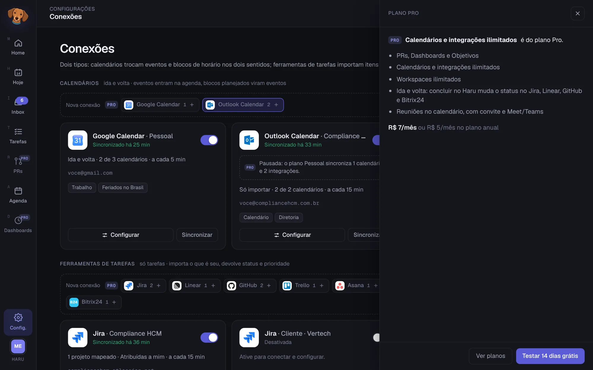 Convite para assinar o Pro, aberto ao tentar criar uma terceira conexão: a lista do que o Pro traz, o preço e os botões Ver planos e Testar 14 dias grátis