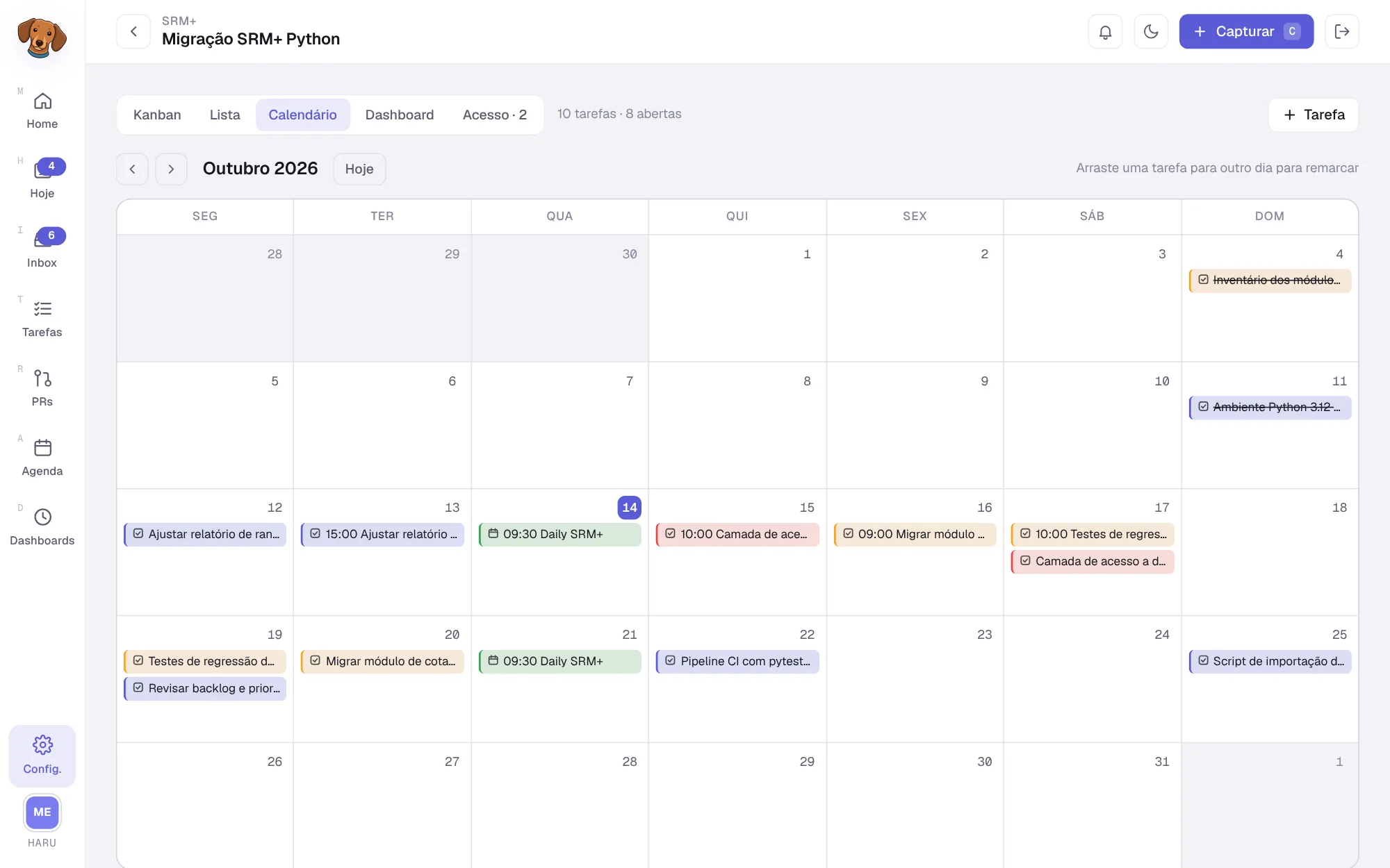 Visão Calendário do projeto, com as tarefas no mês de outubro
