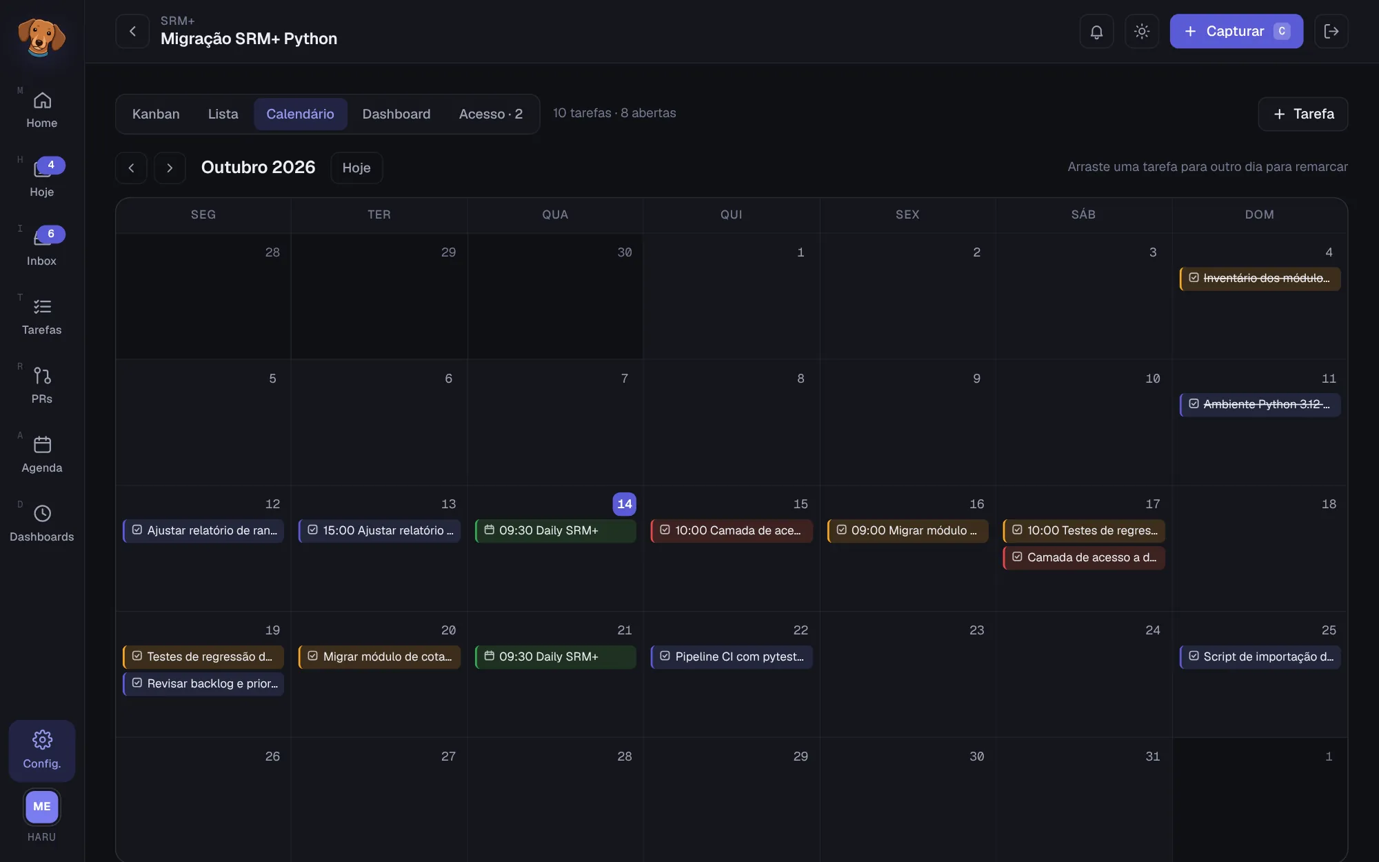 Visão Calendário do projeto, com as tarefas no mês de outubro