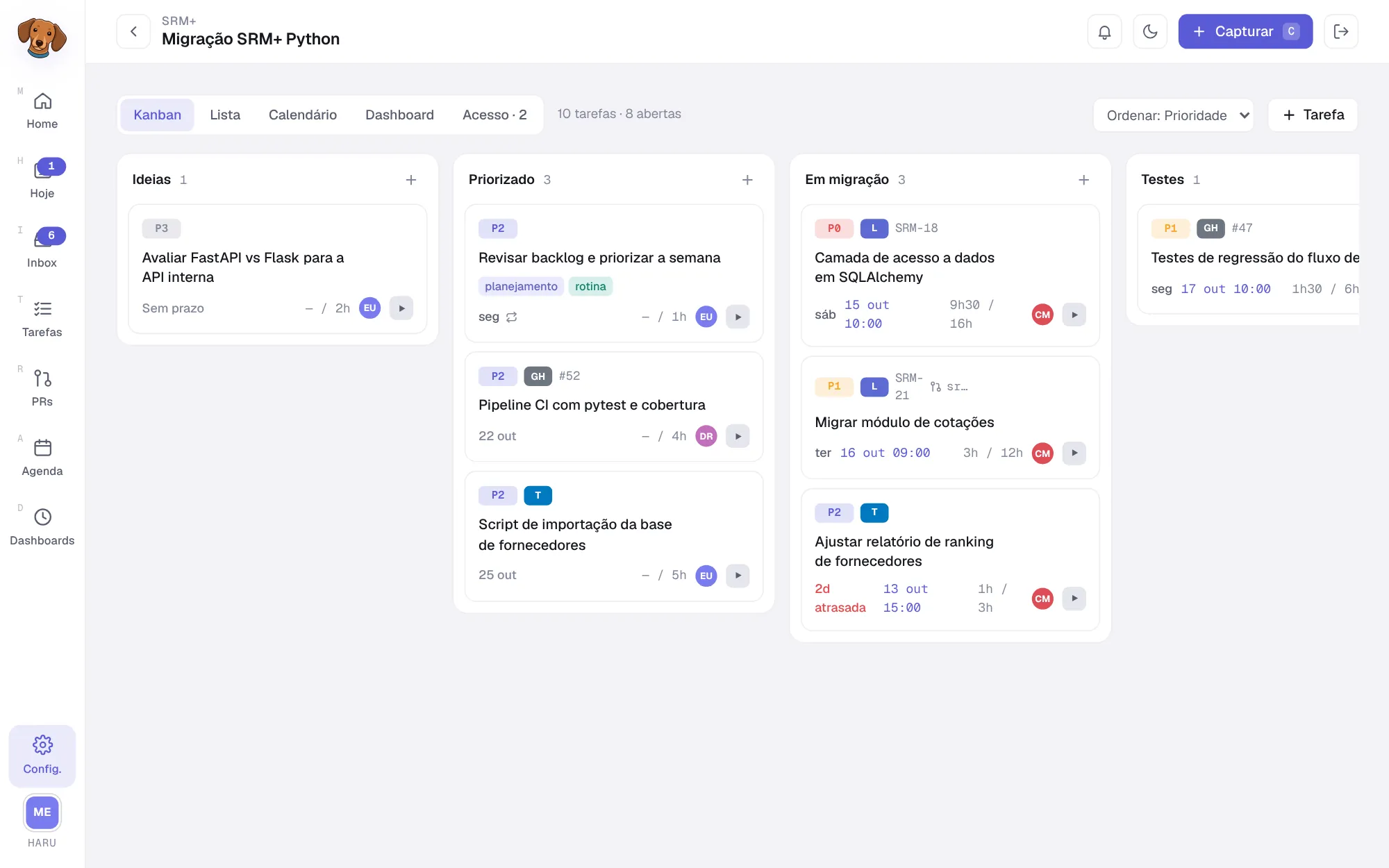 Quadro Kanban do projeto com as colunas Ideias, Priorizado, Em migração e Testes e os cartões de tarefa com prioridade, origem, prazo, horas e responsável